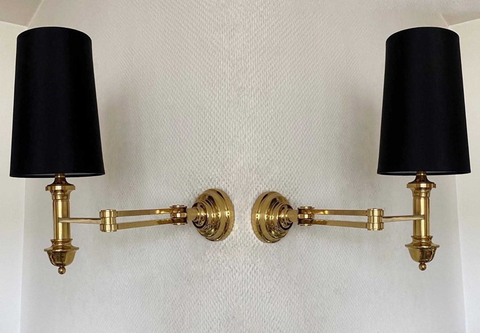 French Pair of Maison Jansen Style Brass Swing Arm Wall Sconces Lights, 1960s For Sale