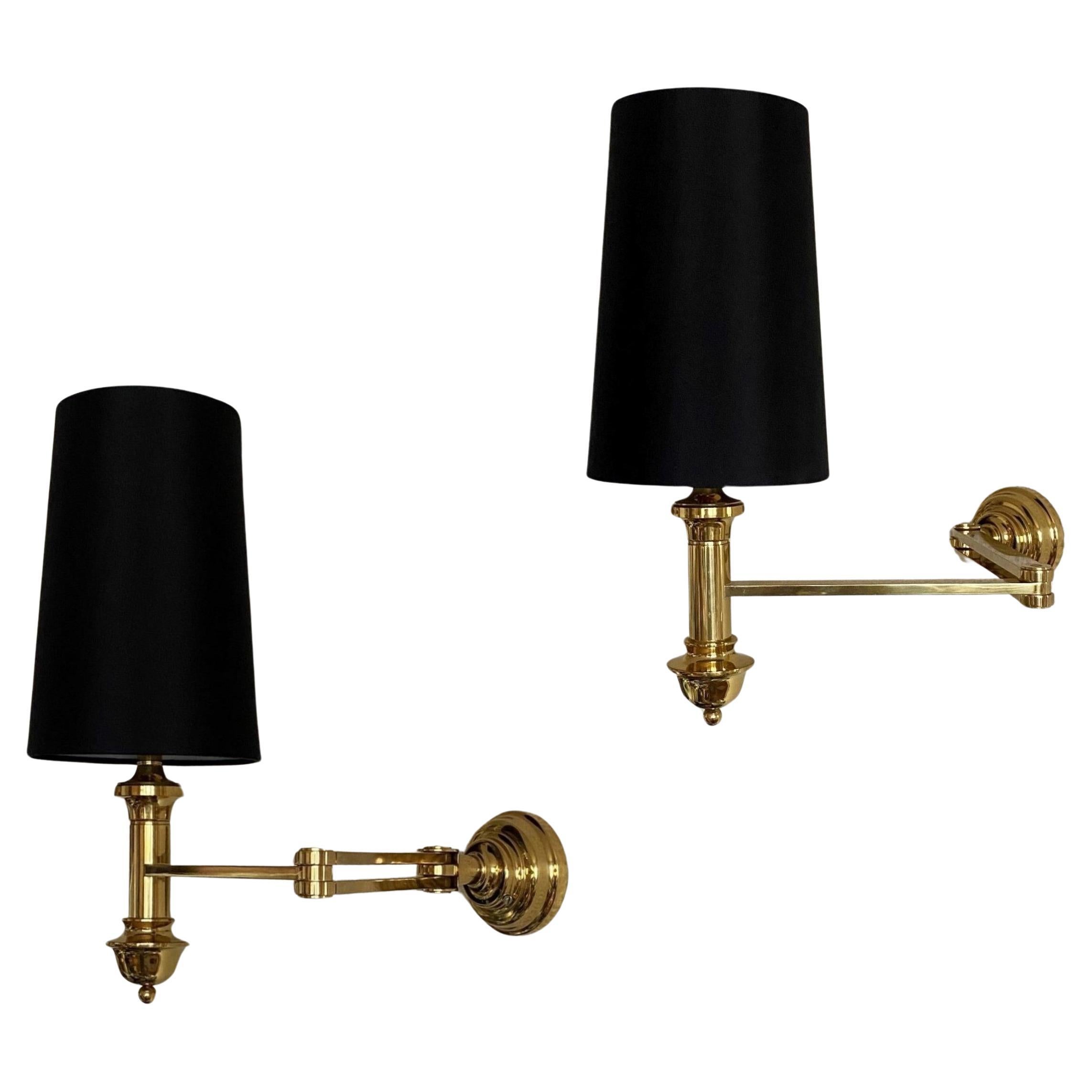 Pair of Maison Jansen Style Brass Swing Arm Wall Sconces Lights, 1960s For Sale