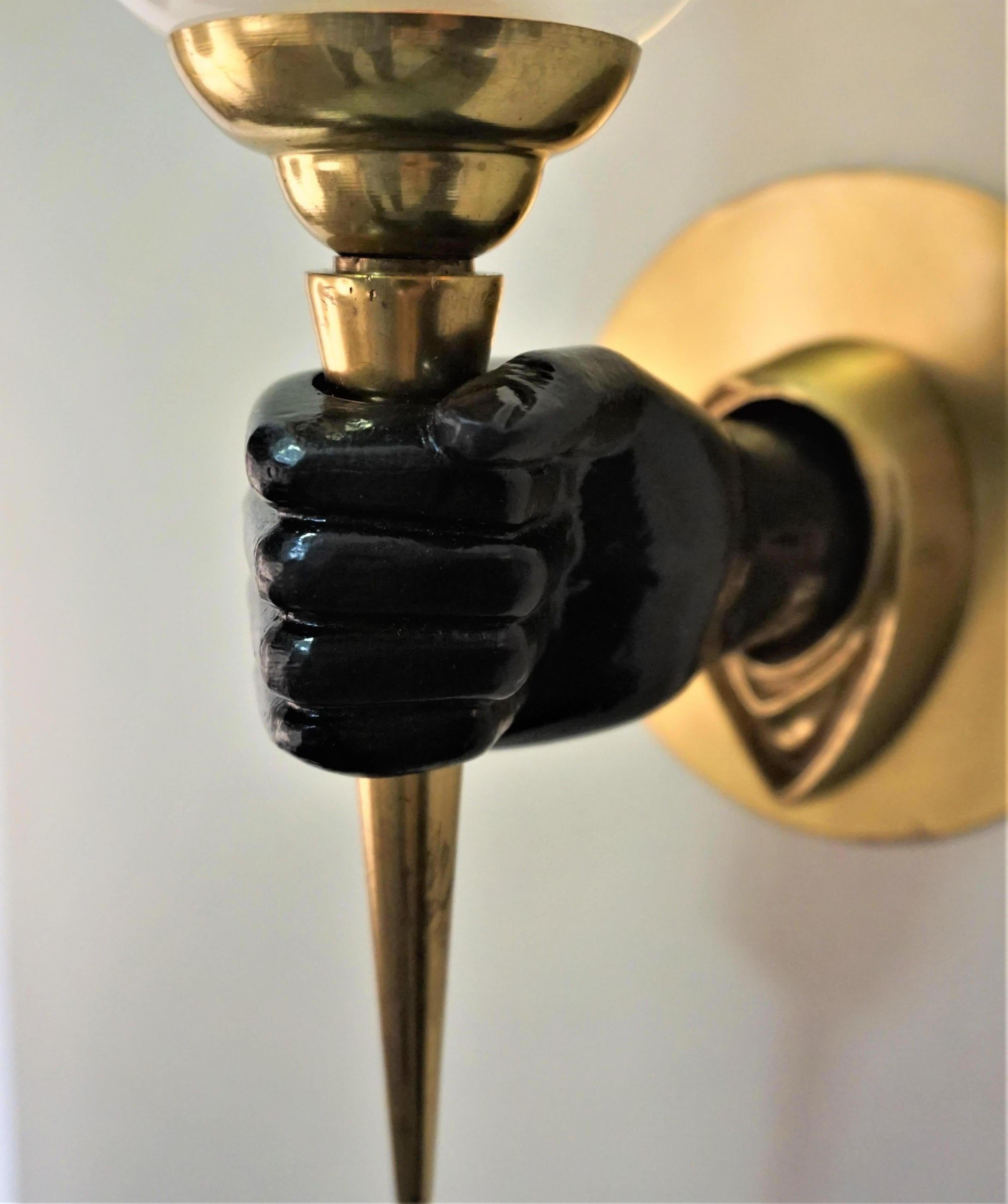 French Pair of Maison Jansen Style Bronze Hand Sconces
