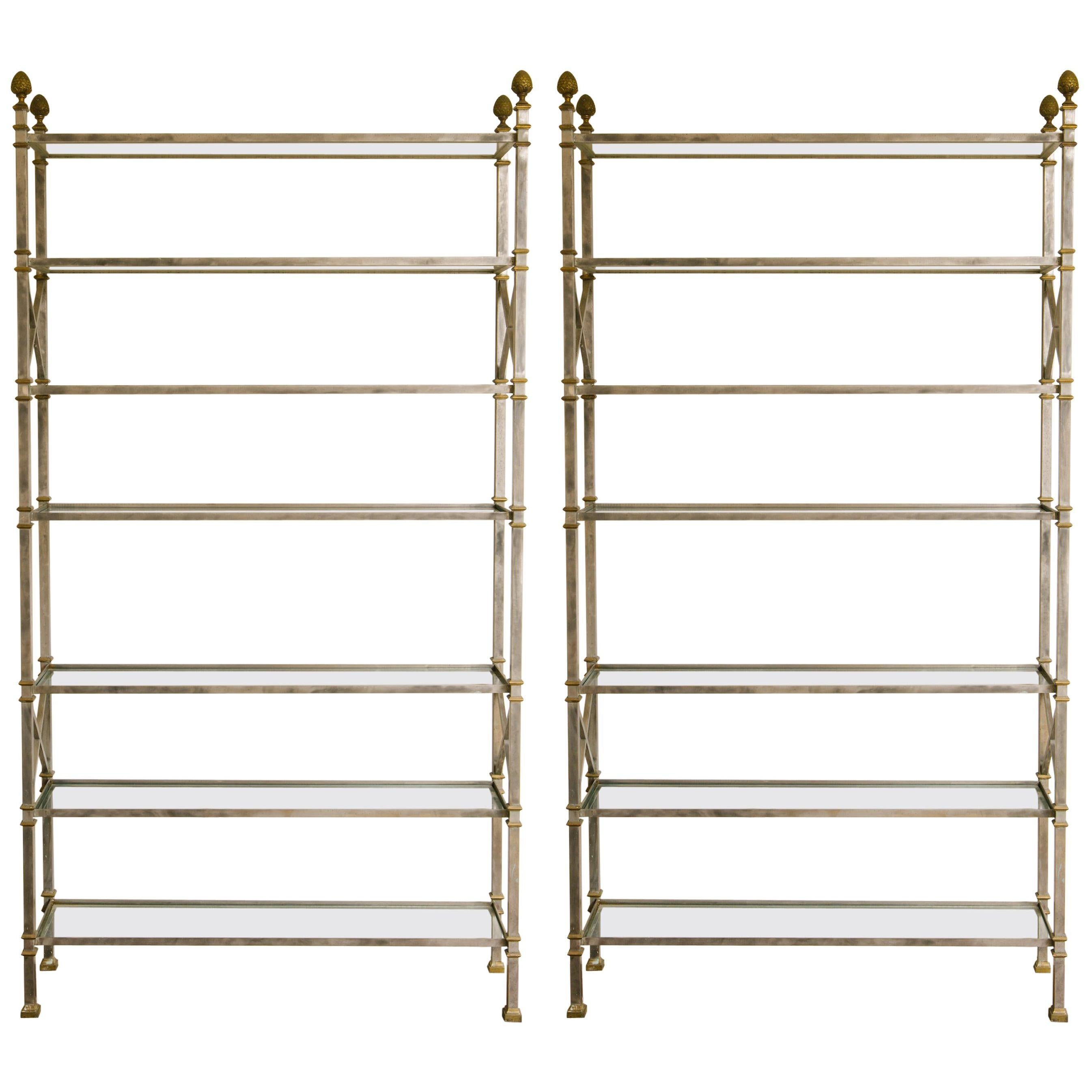 Pair of Maison Jansen Style Brushed Steel and Brass Classical Étagères