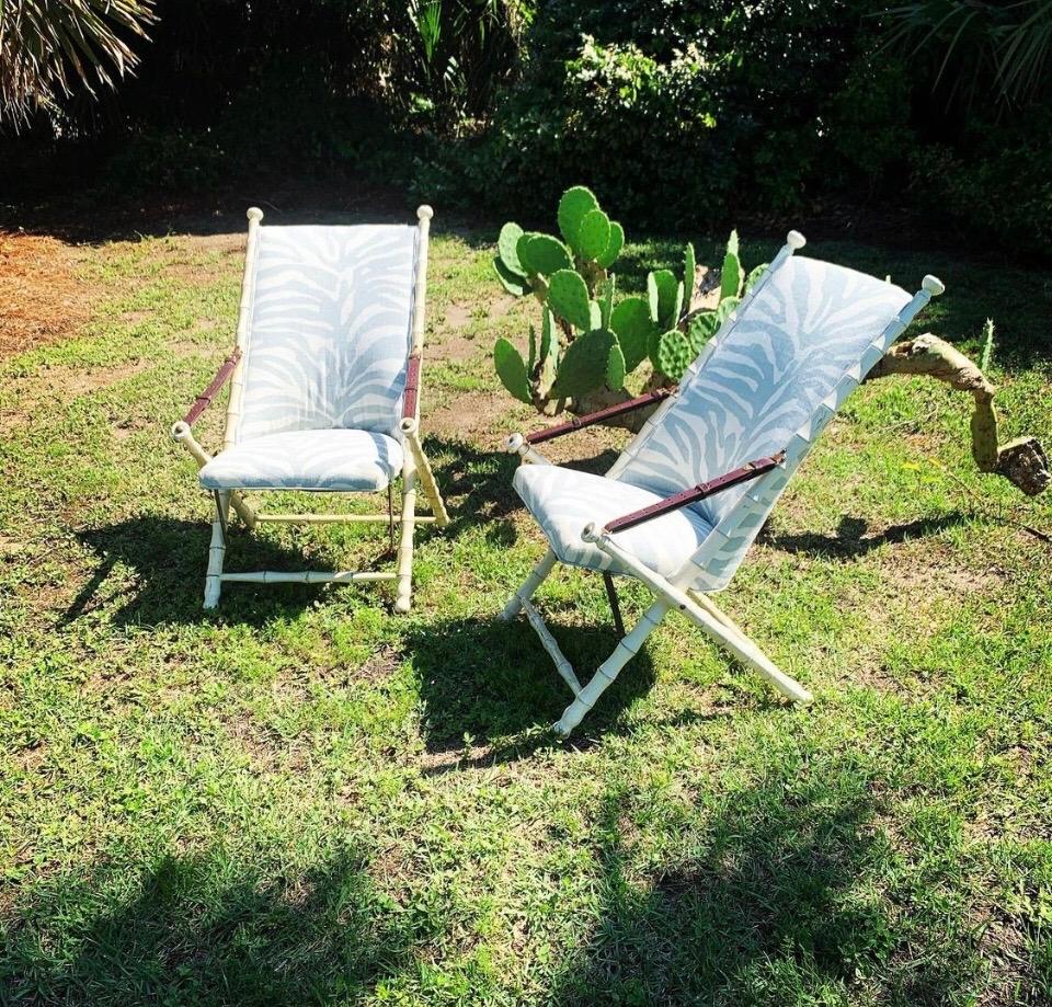 Pair of Maison Jansen Style Campaign Chairs with Footstools, Mid 20th Century In Good Condition In Charleston, SC