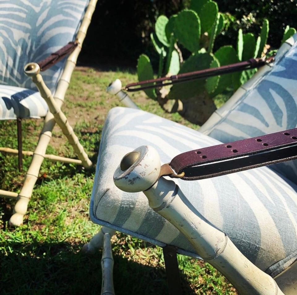 Mahogany Pair of Maison Jansen Style Campaign Chairs with Footstools, Mid 20th Century