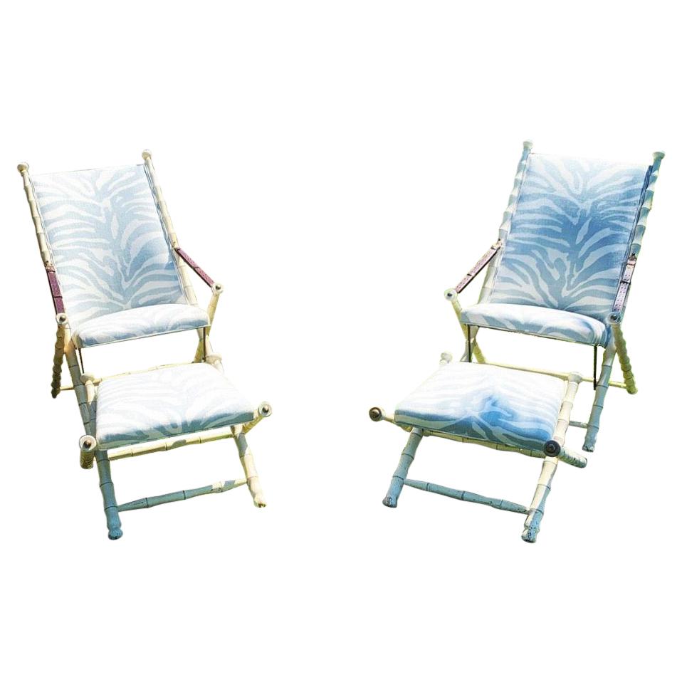 Pair of Maison Jansen Style Campaign Chairs with Footstools, Mid 20th Century