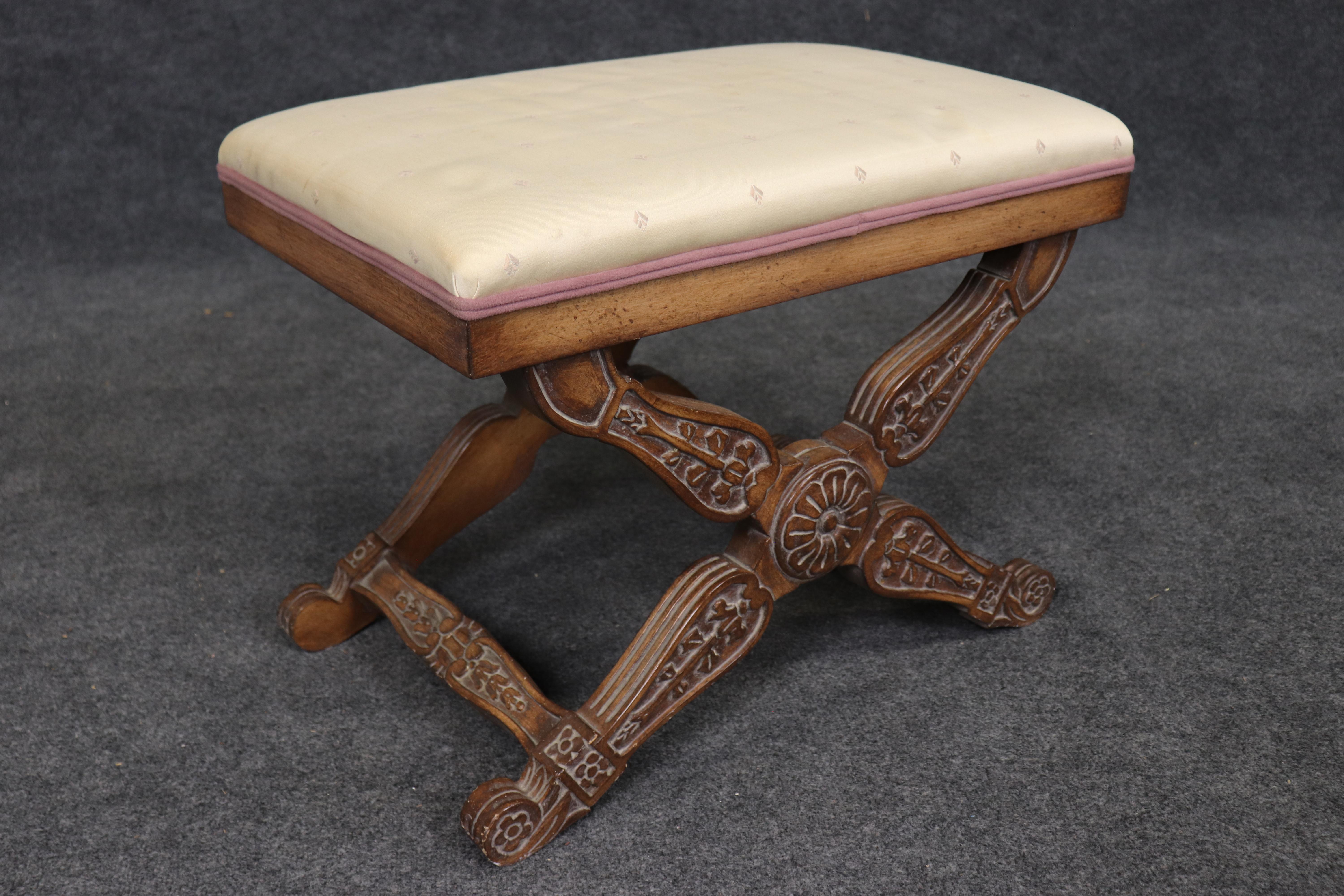 This is a fantastic pair of hand-made Maison Jansen style X form benches. The benches are in good condition with hand-carved, hand-made frames and decent upholstery. The benches are in good condition with minor signs of wear and use from being