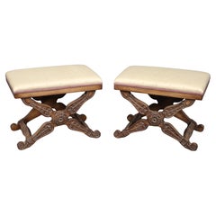 Pair of Maison Jansen Style Carved Walnut X Form Stools Benches