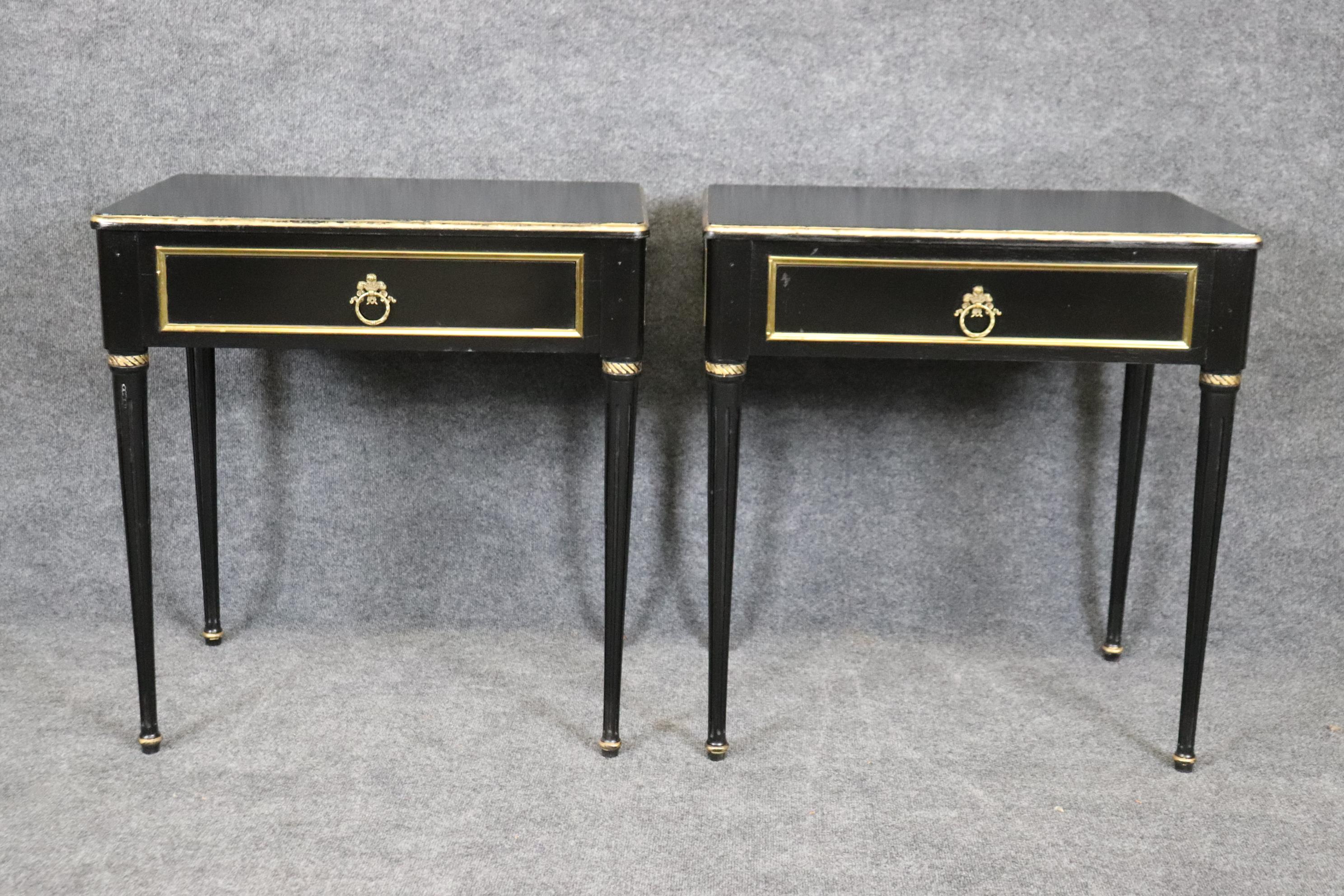 Pair of Maison Jansen Style Ebonized Gilded Brass Trimmed End Tables 1