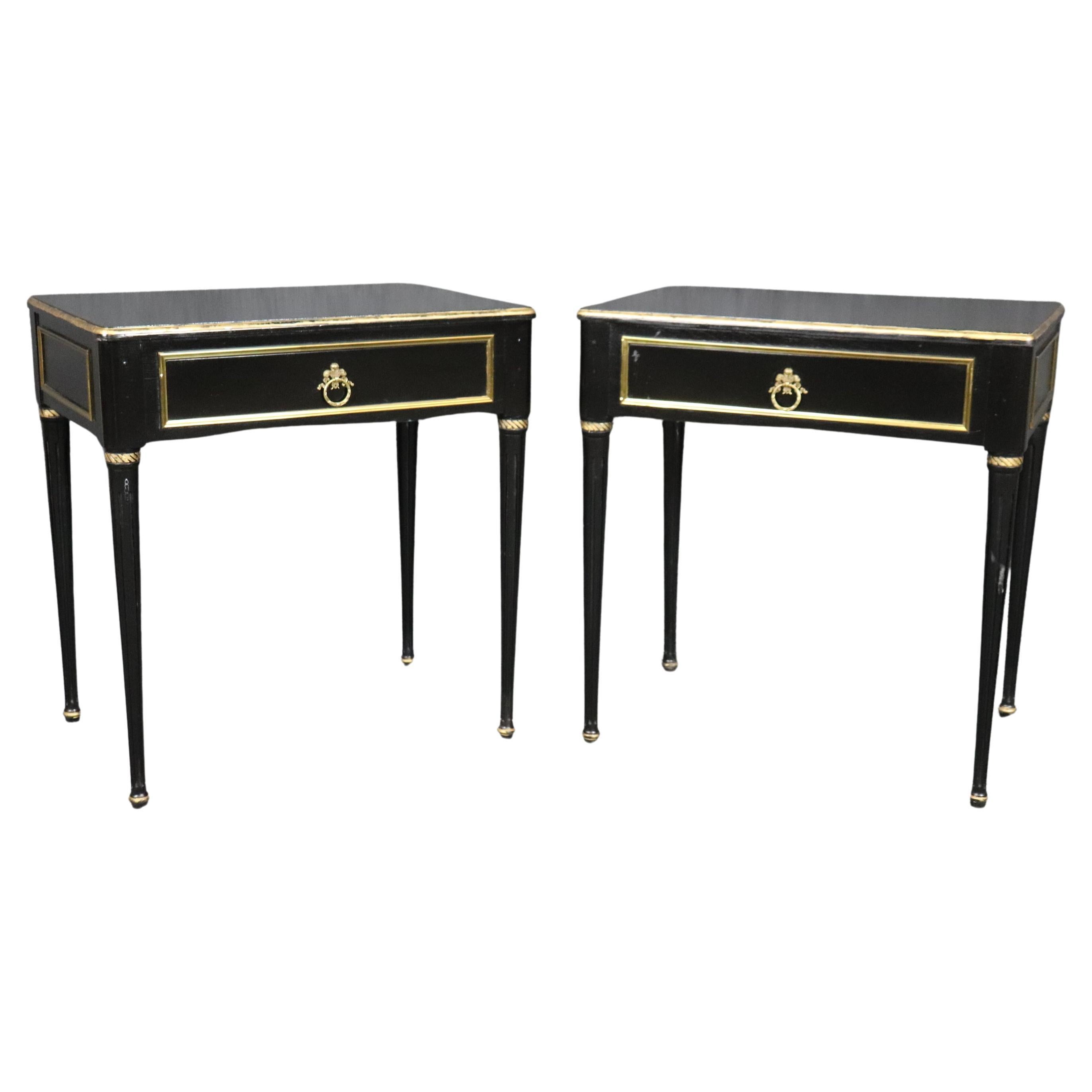 Pair of Maison Jansen Style Ebonized Gilded Brass Trimmed End Tables