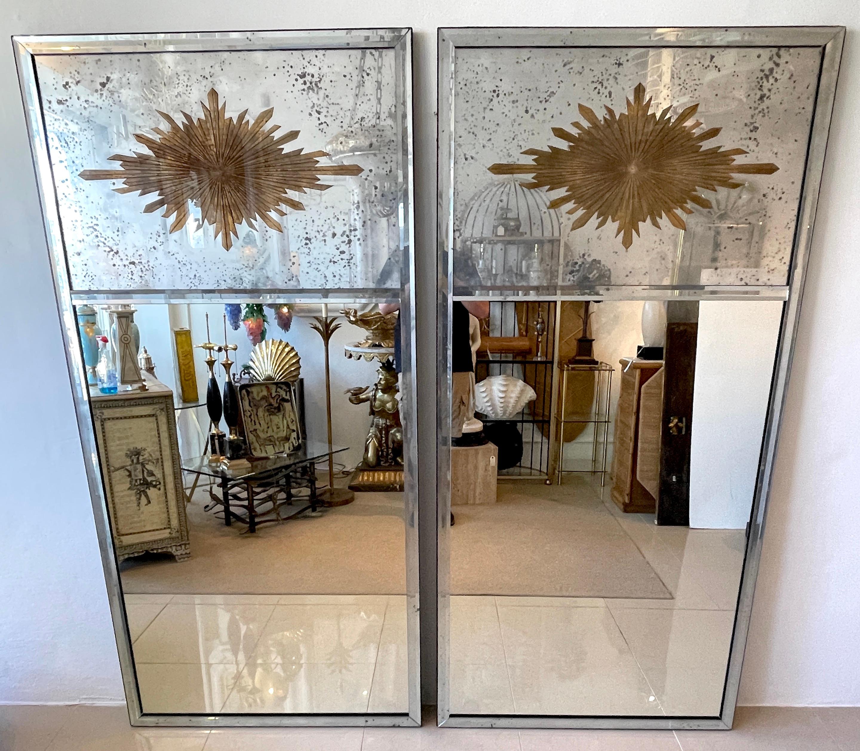 Neoclassical Pair of Maison Jansen Style Eglomise Sunburst Medallion Trumeau Mirrors