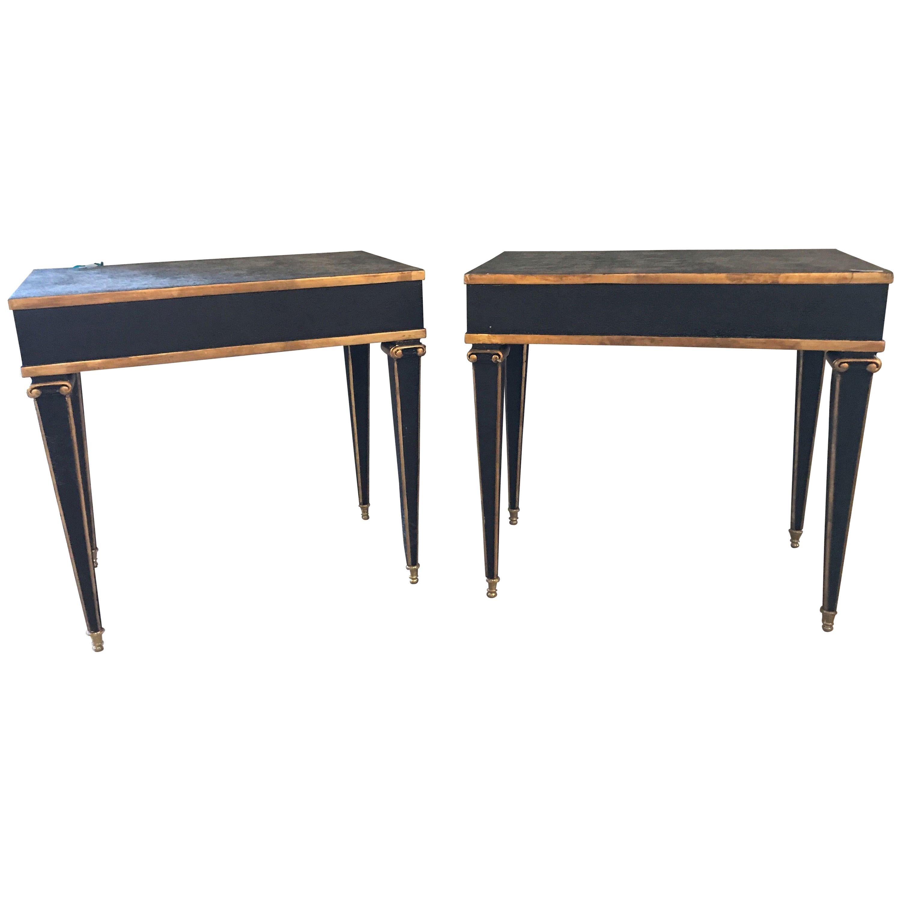 Pair of Maison Jansen Style End Table in Leather Top and Bronze-Mounted Legs