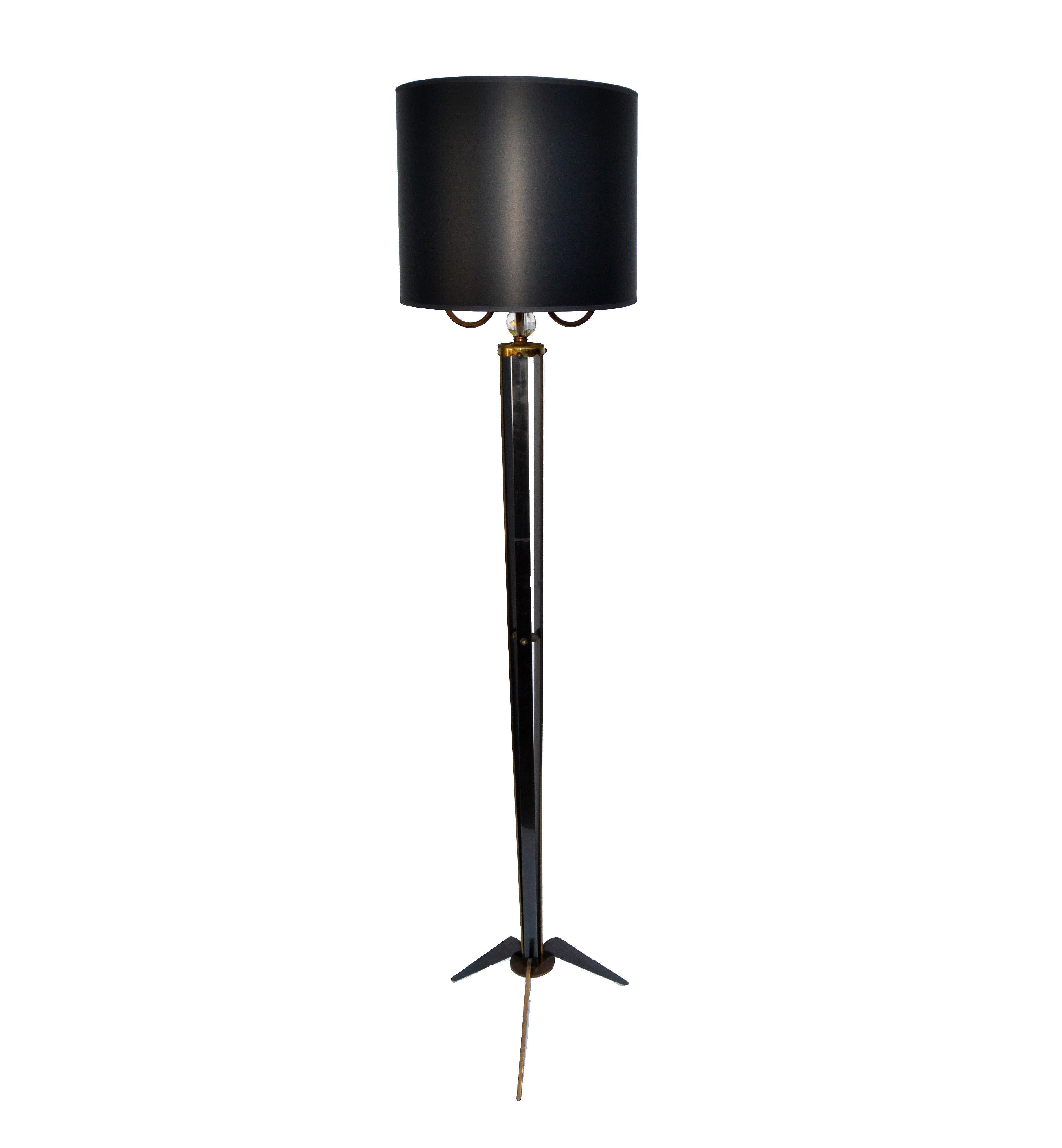Pair of Maison Jansen Style French Brass, Gun Metal & Crystal 3-Arm Floor Lamp For Sale 5
