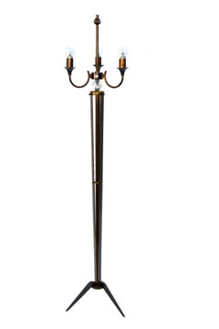 Pair of Maison Jansen Style French Brass, Gun Metal & Crystal 3-Arm Floor Lamp