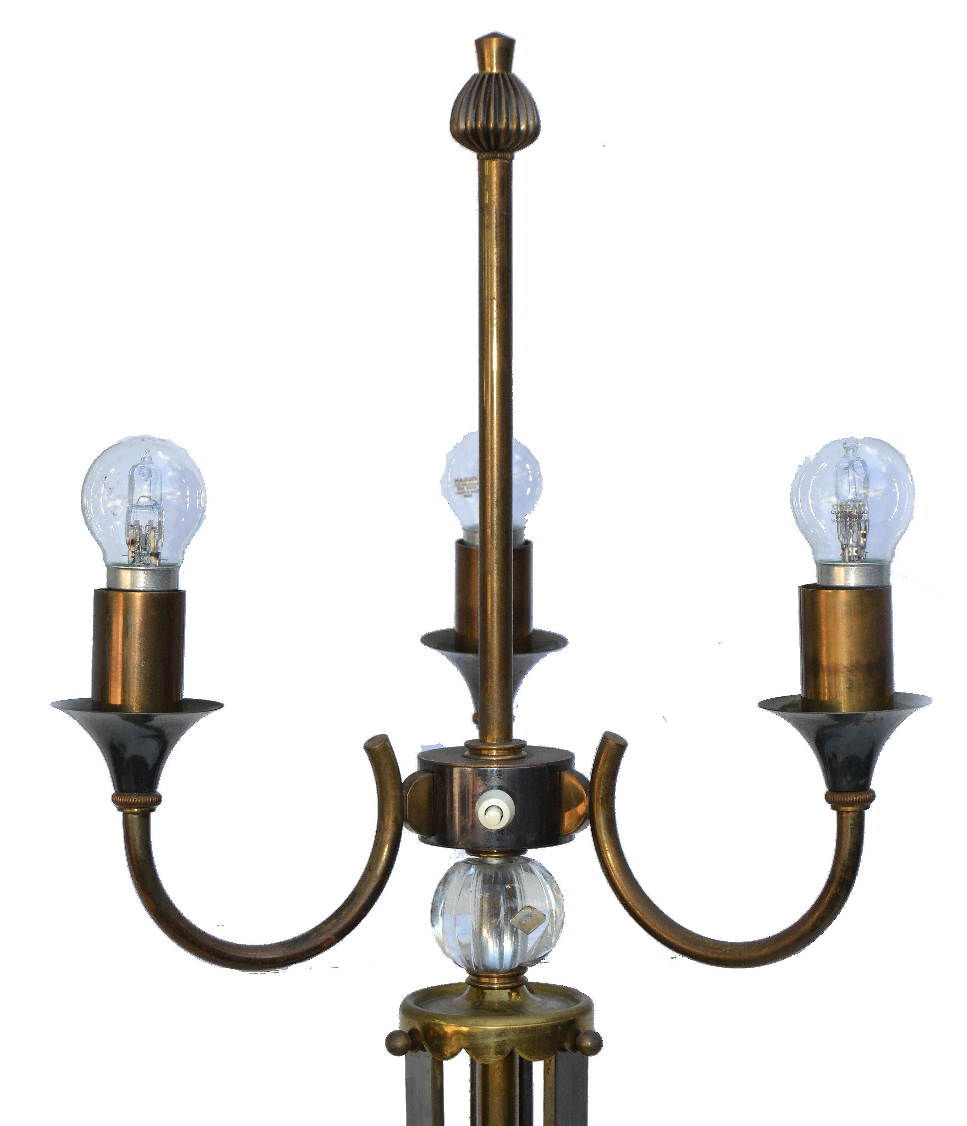 Pair of Maison Jansen Style French Brass, Gun Metal & Crystal 3-Arm Floor Lamp In Good Condition For Sale In Miami, FL