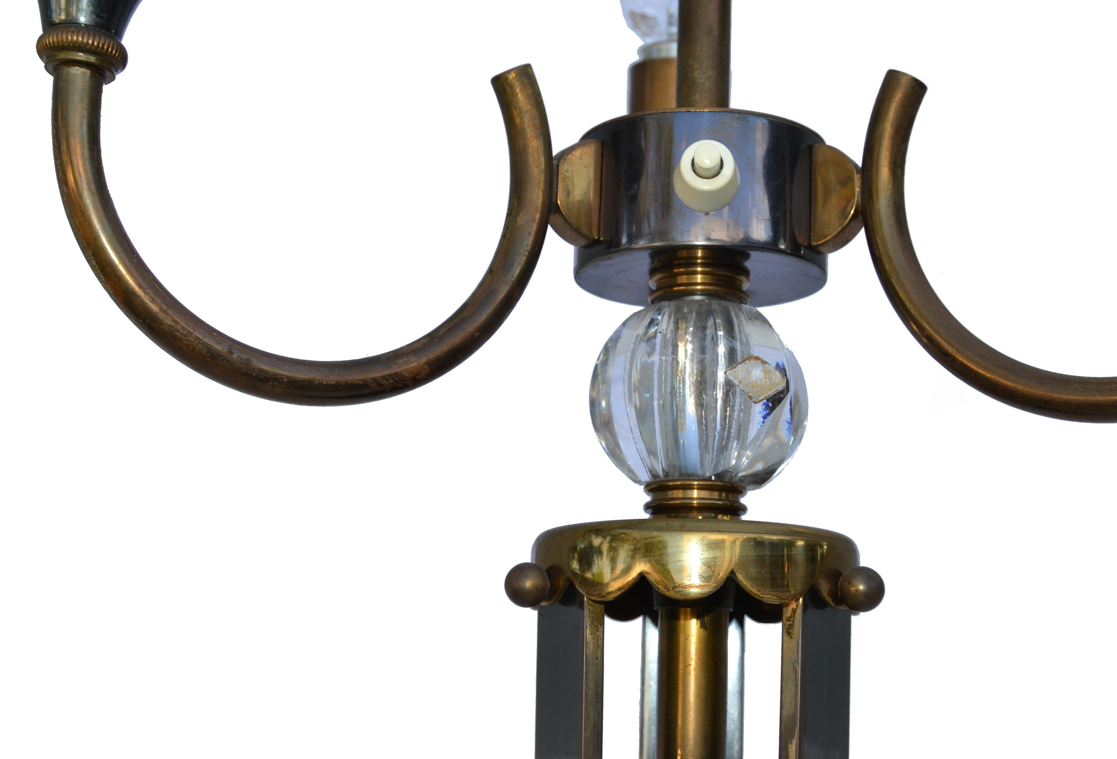 Pair of Maison Jansen Style French Brass, Gun Metal & Crystal 3-Arm Floor Lamp For Sale 2