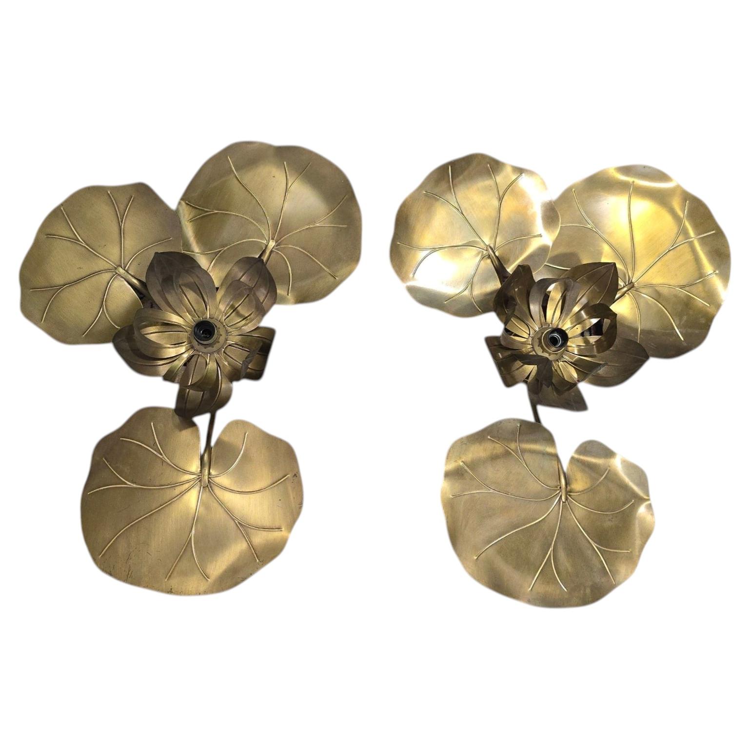 Pair of Maison Jansen Style Gilt Brass Lotus Leaf Wall Sconces, 1970s
