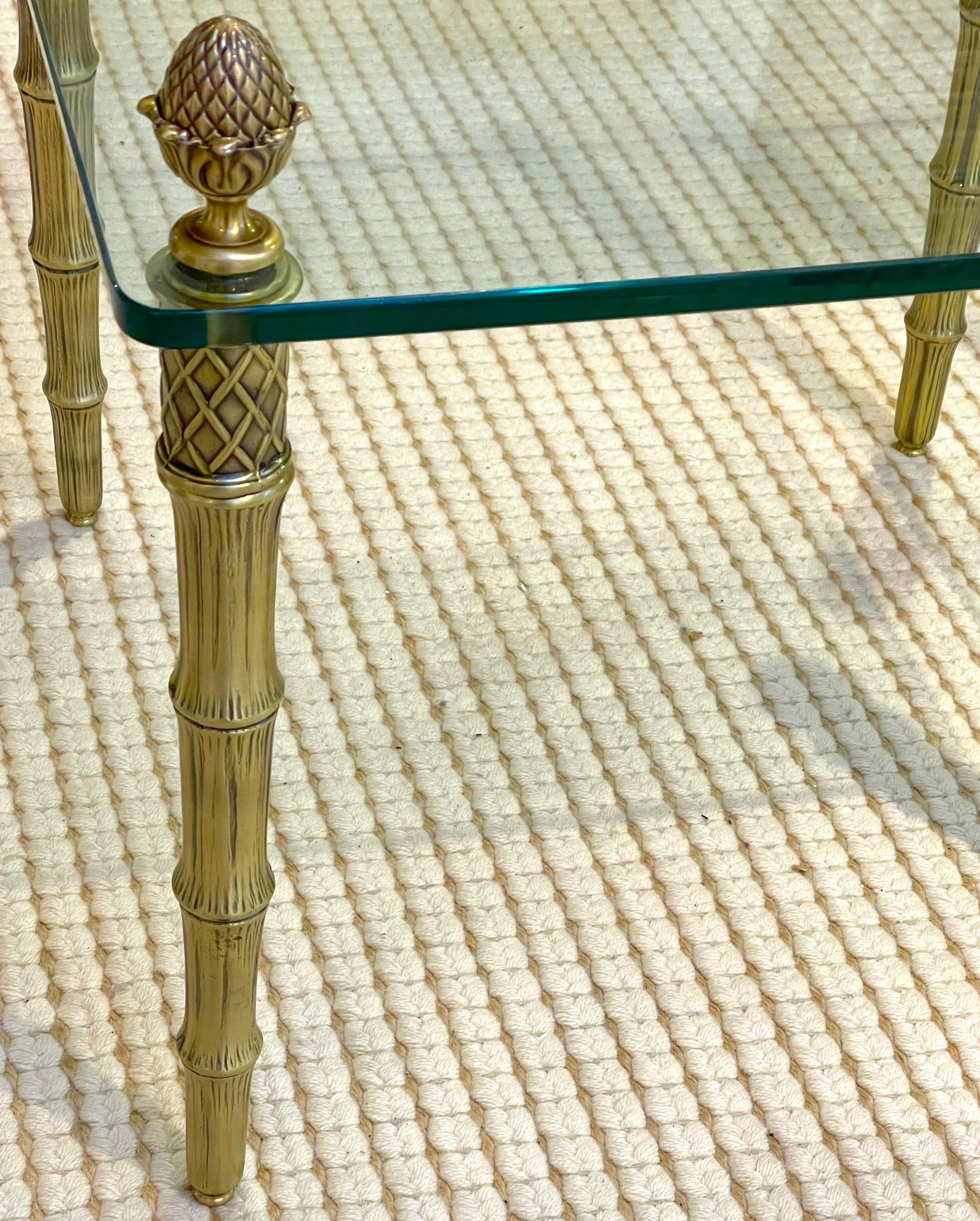 Modern Pair of Maison Jansen Style Gilt Metal Faux Bamboo & Glass Square End Tables  For Sale