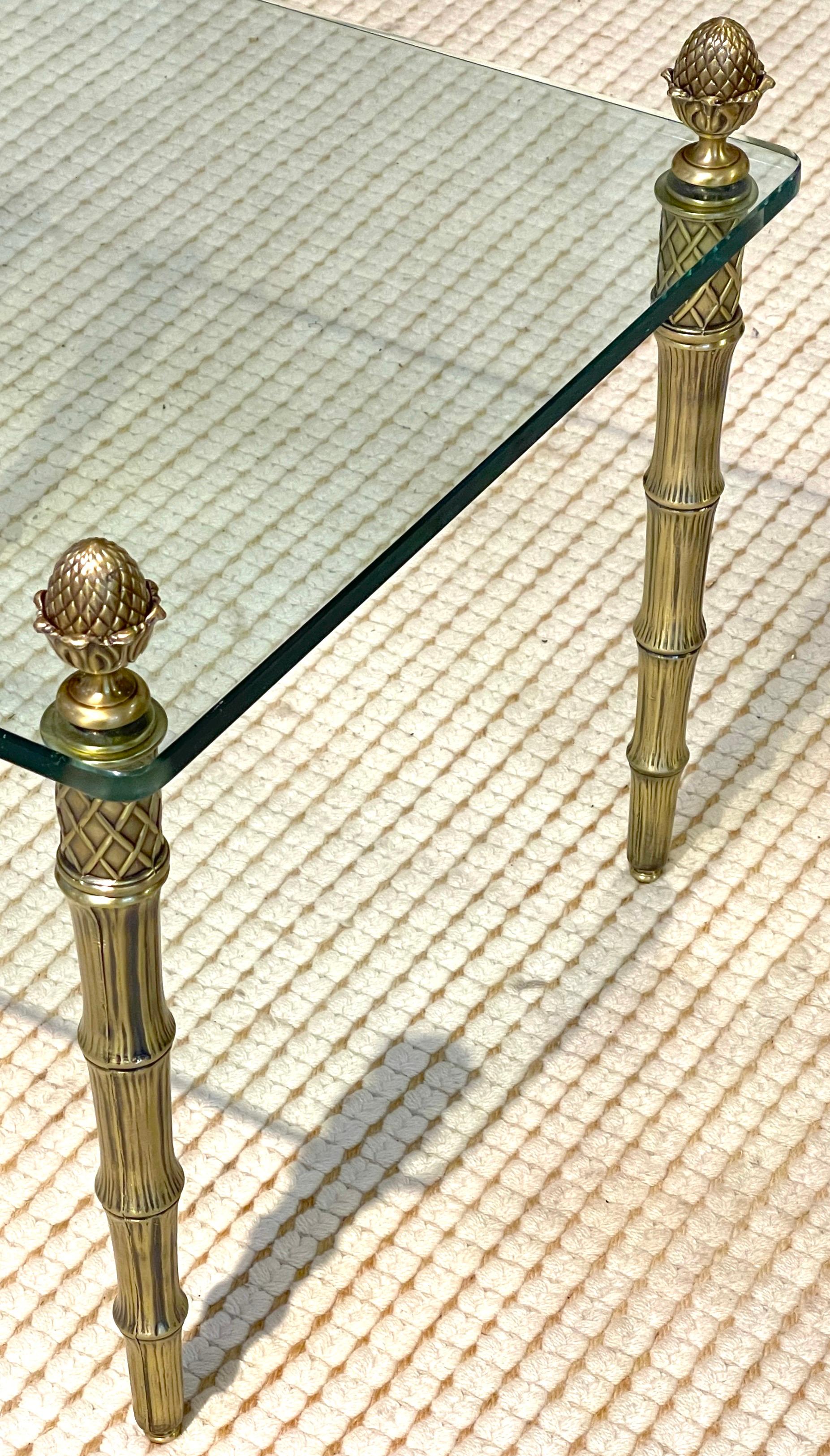 French Pair of Maison Jansen Style Gilt Metal Faux Bamboo & Glass Square End Tables  For Sale