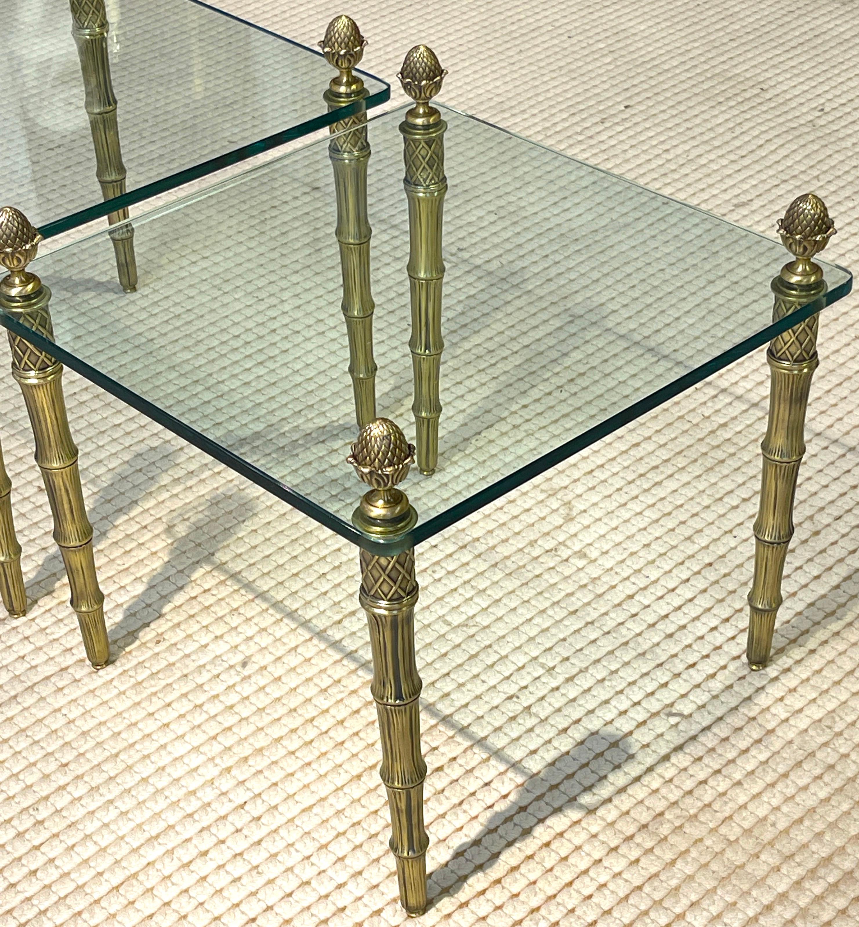 Cast Pair of Maison Jansen Style Gilt Metal Faux Bamboo & Glass Square End Tables  For Sale