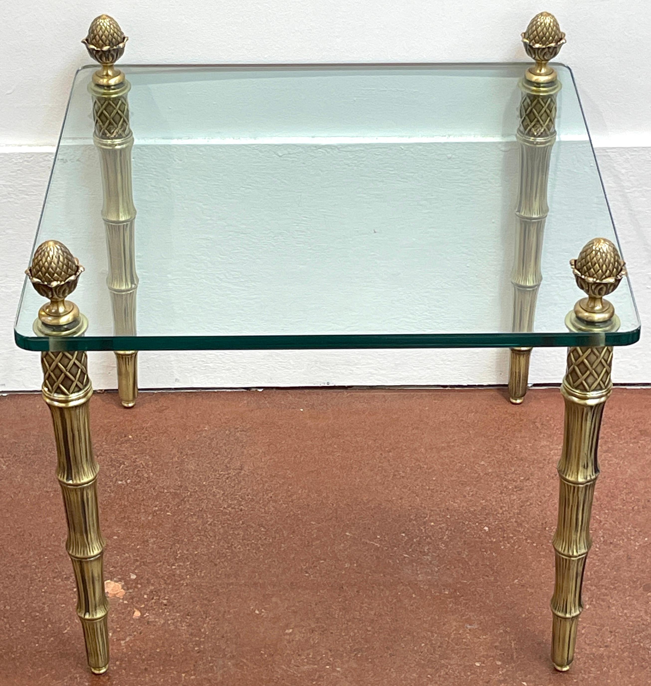 Pair of Maison Jansen Style Gilt Metal Faux Bamboo & Glass Square End Tables  For Sale 1