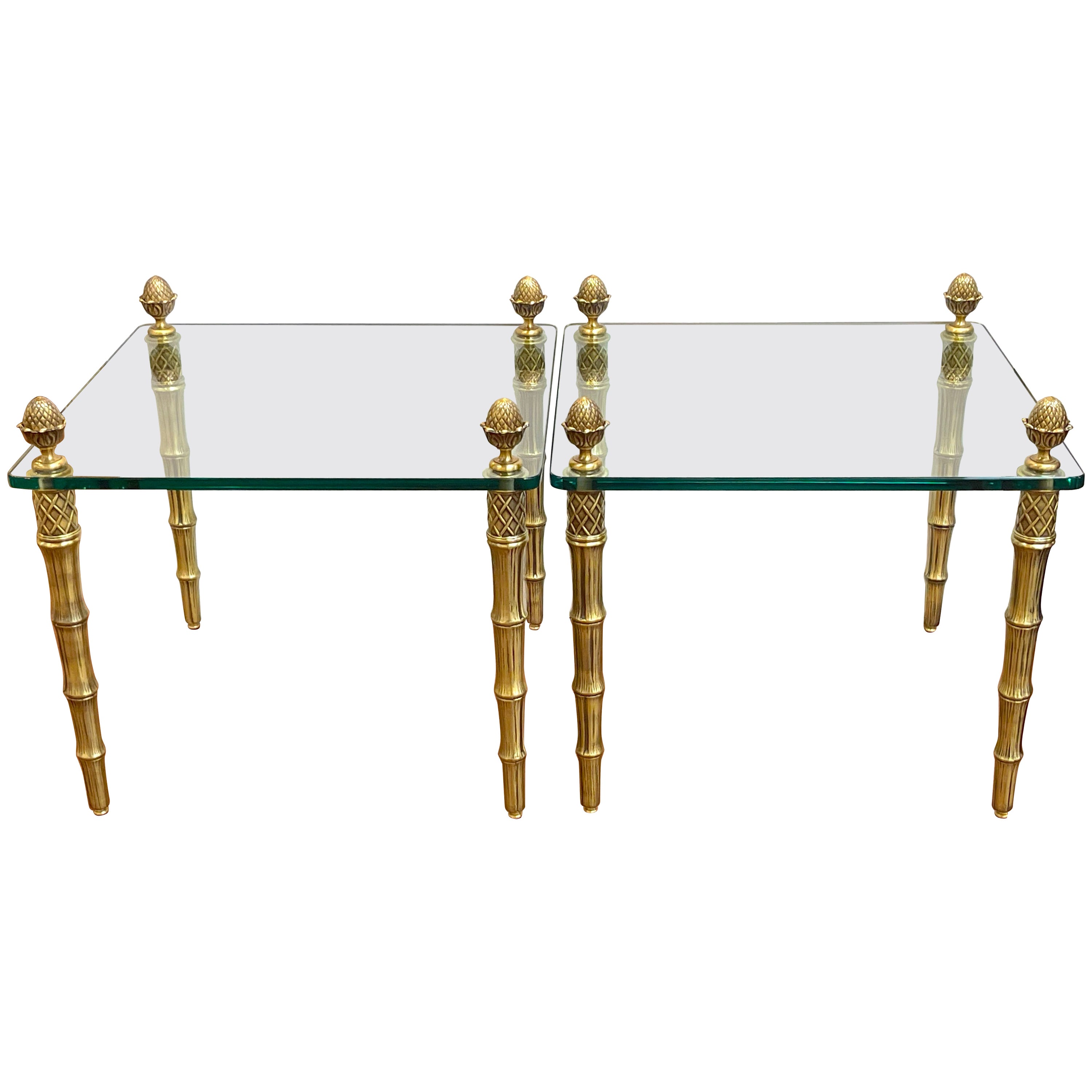 Paar Maison Jansen Style Vergoldetes Metall Faux Bambus & Glas Quadratische Endtische