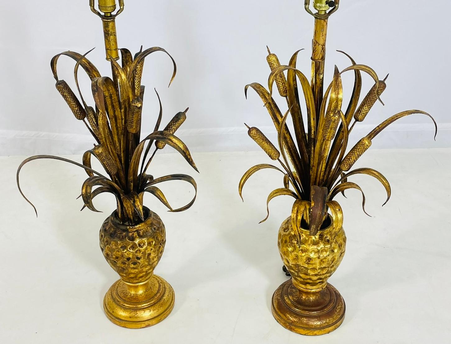 Pair of Maison Jansen Style Gilt Metal Lamps with Cattail Motif – France 1950's im Angebot 2