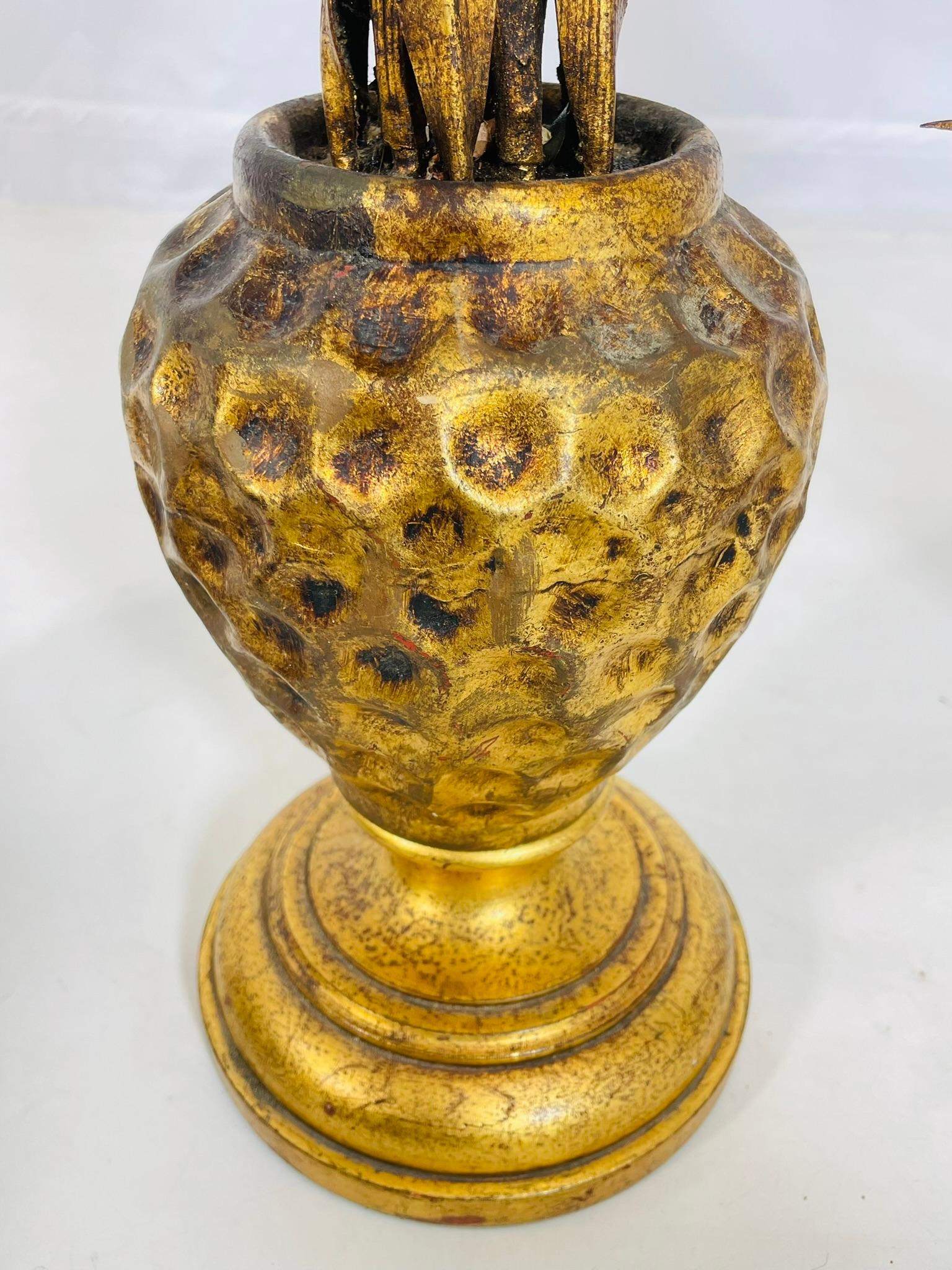 Pair of Maison Jansen Style Gilt Metal Lamps with Cattail Motif – France 1950's im Angebot 3