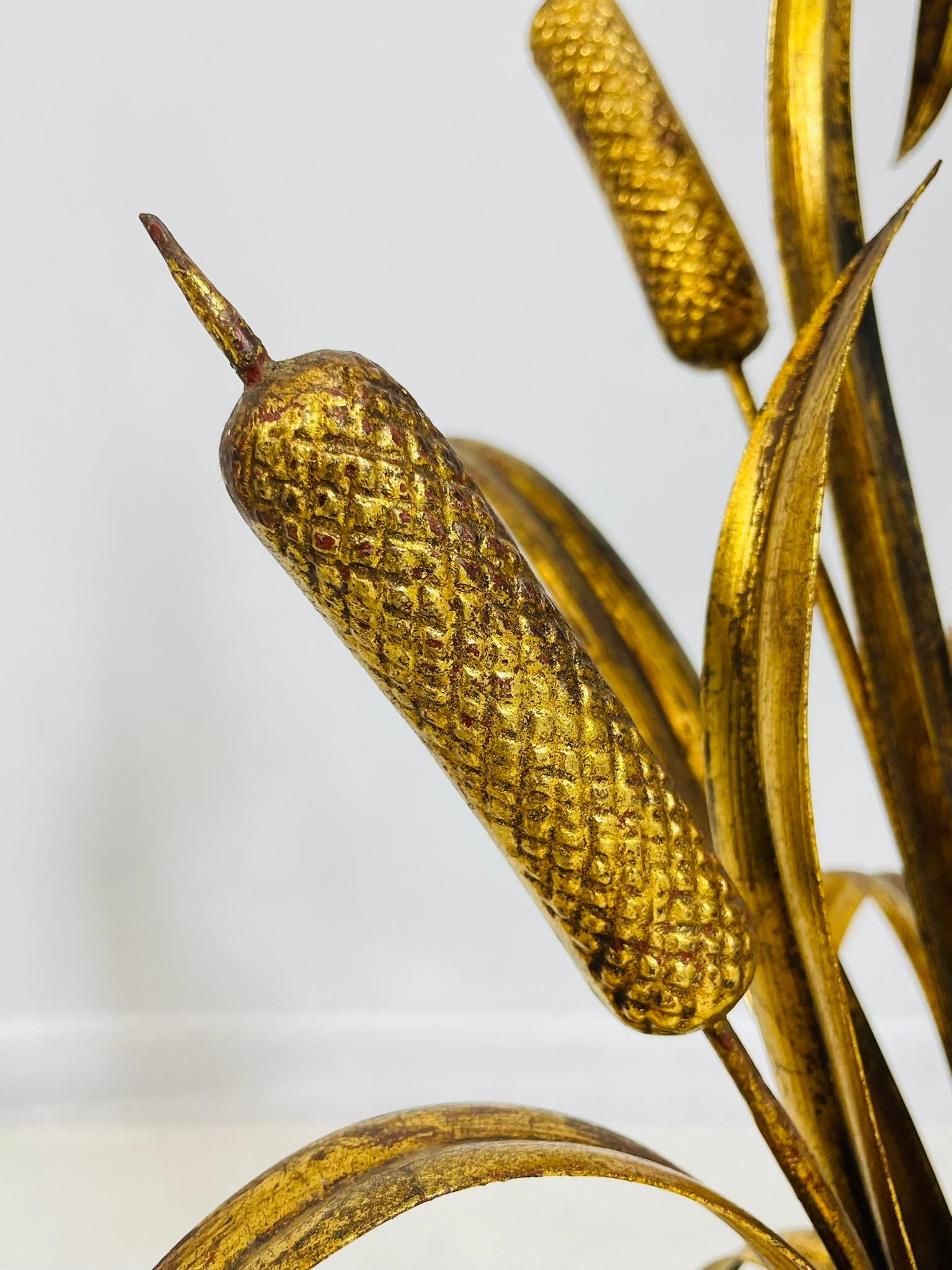 Pair of Maison Jansen Style Gilt Metal Lamps with Cattail Motif – France 1950's im Angebot 4