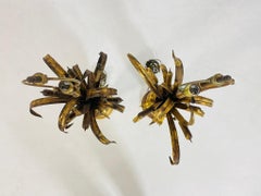 Pair of Maison Jansen Style Gilt Metal Lamps with Cattail Motif – France 1950's