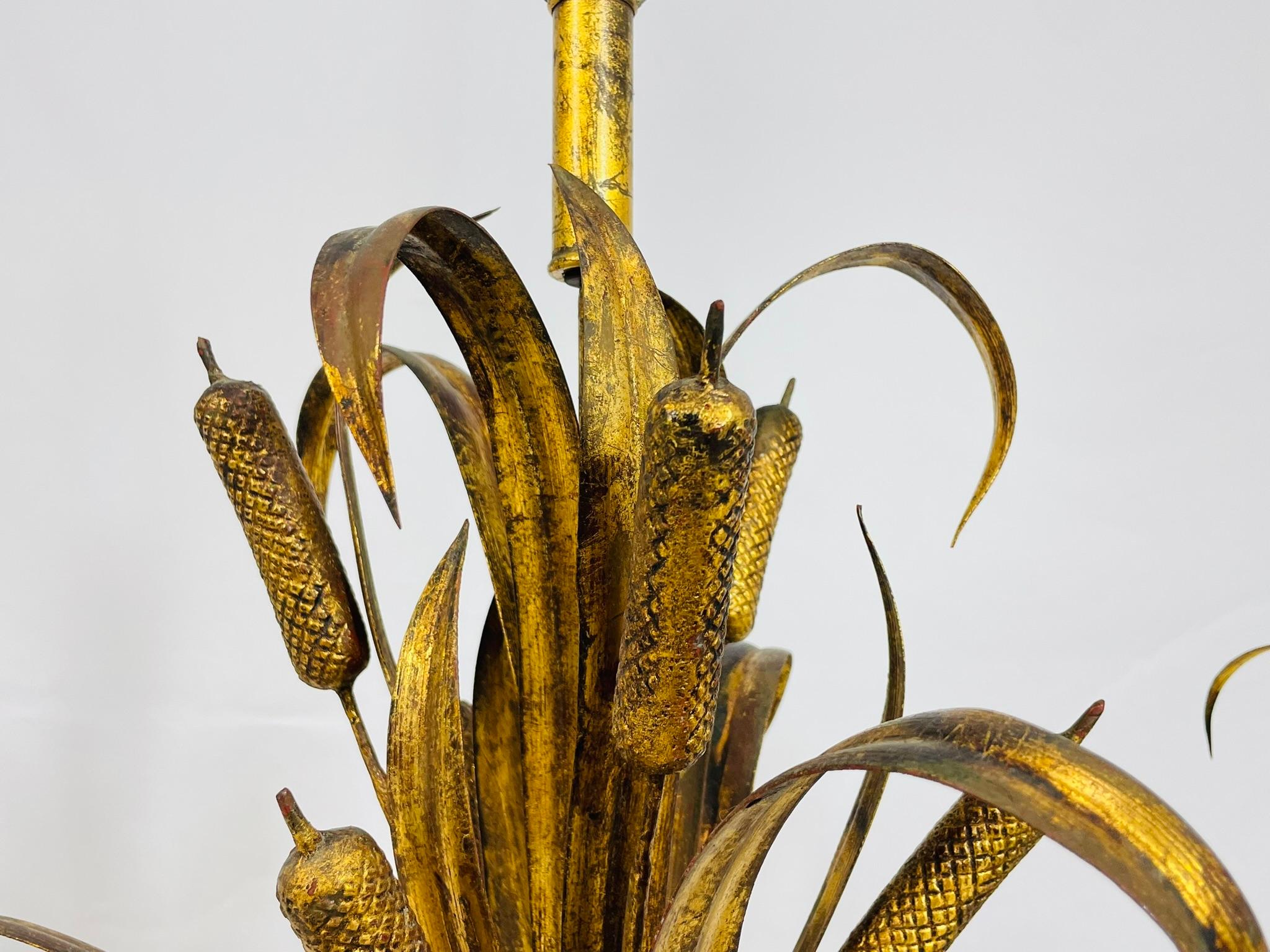 Pair of Maison Jansen Style Gilt Metal Lamps with Cattail Motif – France 1950's im Angebot 1