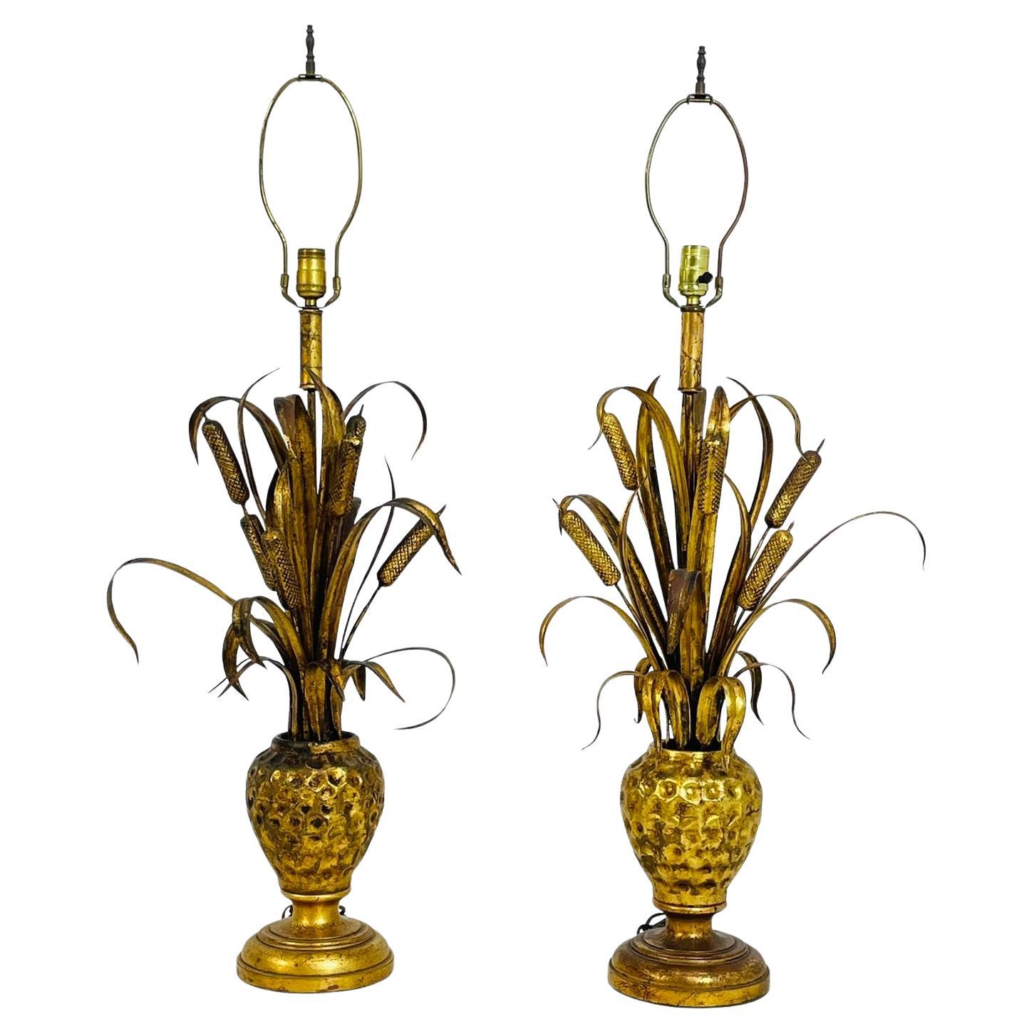 Pair of Maison Jansen Style Gilt Metal Lamps with Cattail Motif – France 1950's