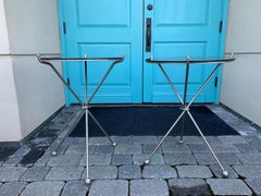 Pair of Maison Jansen Style Italian Steel Folding Tripod Tables with Marble Tops