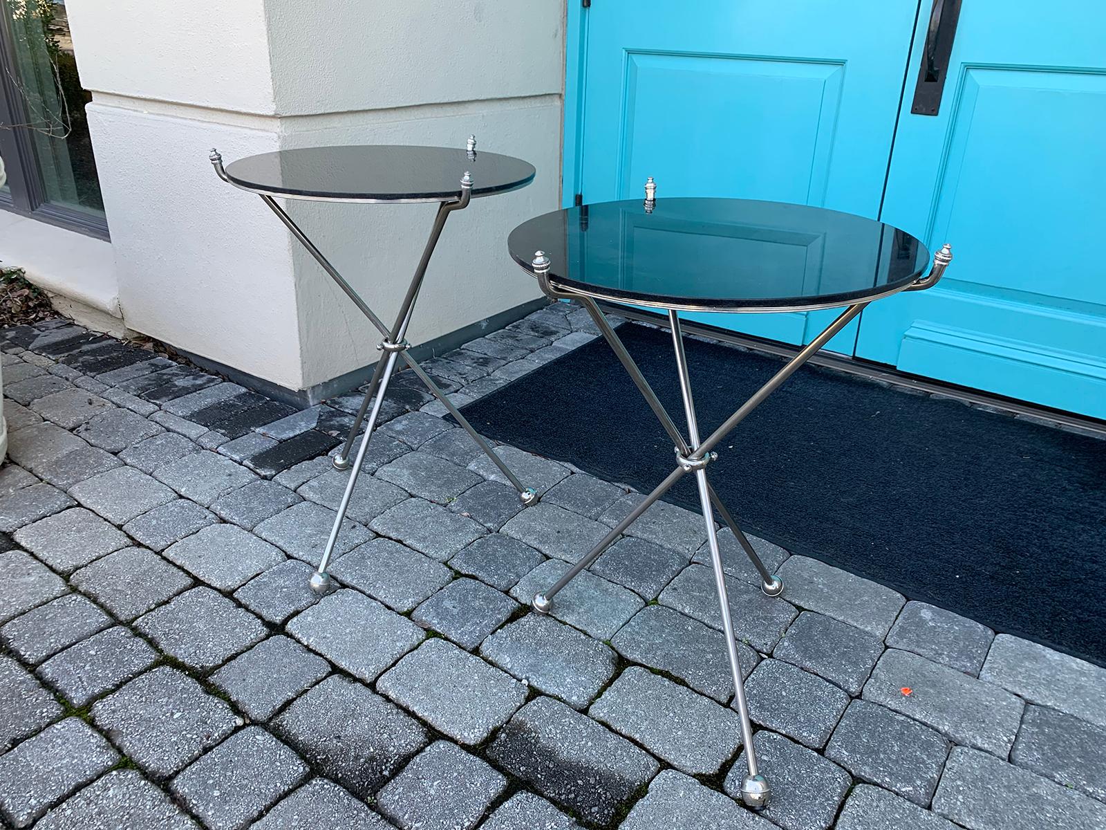 Pair of Maison Jansen Style Italian Steel Folding Tripod Tables with Marble Tops In Good Condition In Atlanta, GA