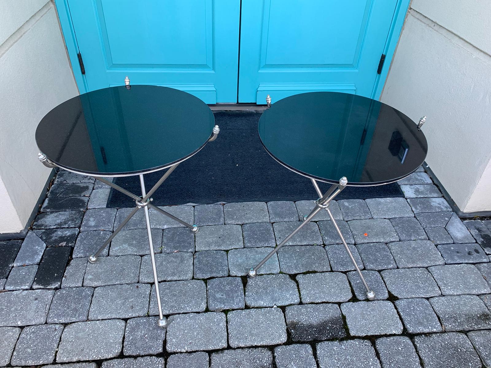 Pair of Maison Jansen Style Italian Steel Folding Tripod Tables with Marble Tops 3