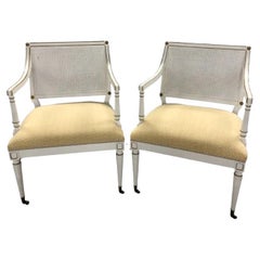 Pair of Maison Jansen Style Louis XVI Caned Painted Arm Chairs with Gilt
