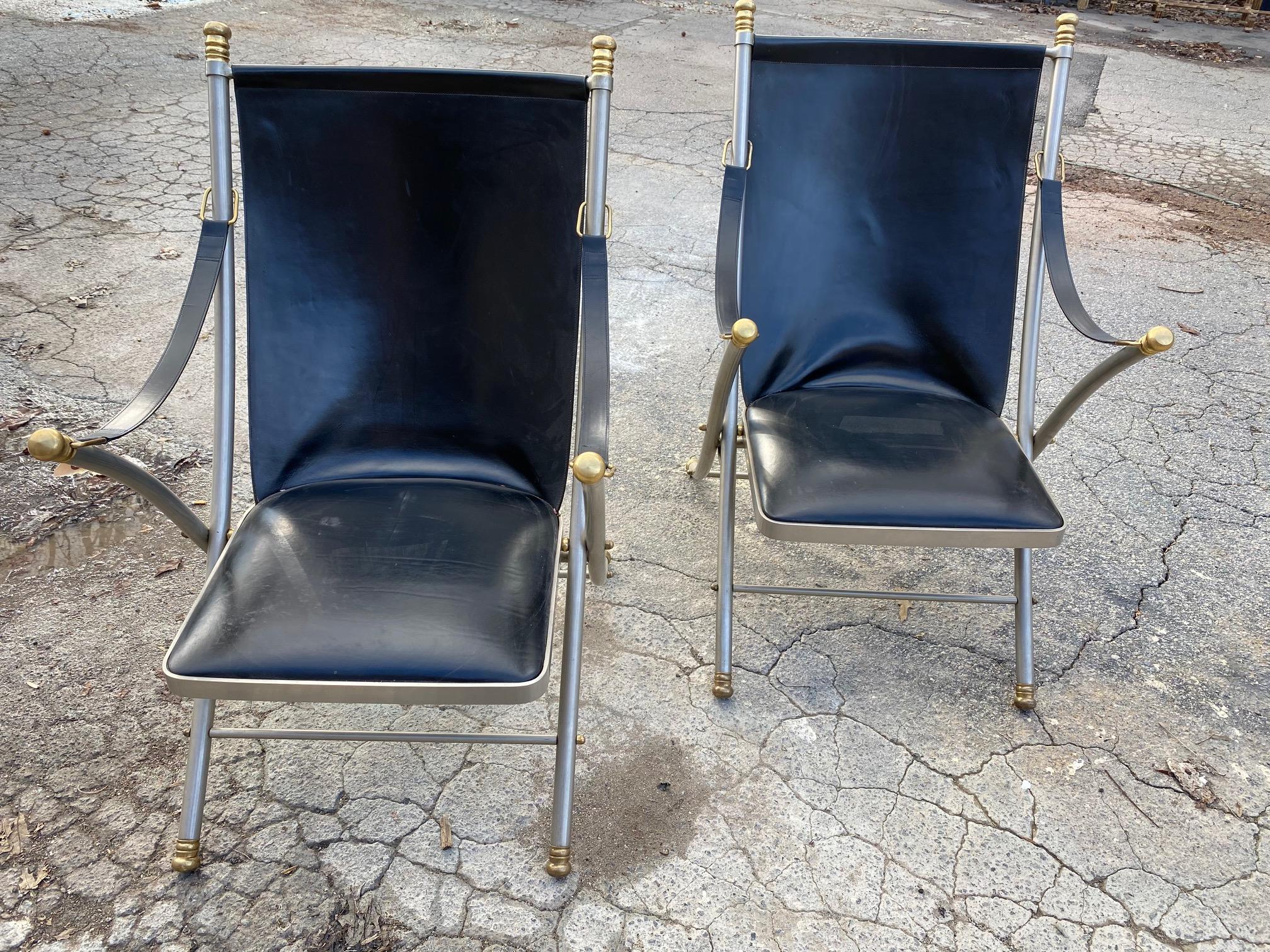 French Pair of Maison Jansen Style Midcentury Steel and Brass Chairs
