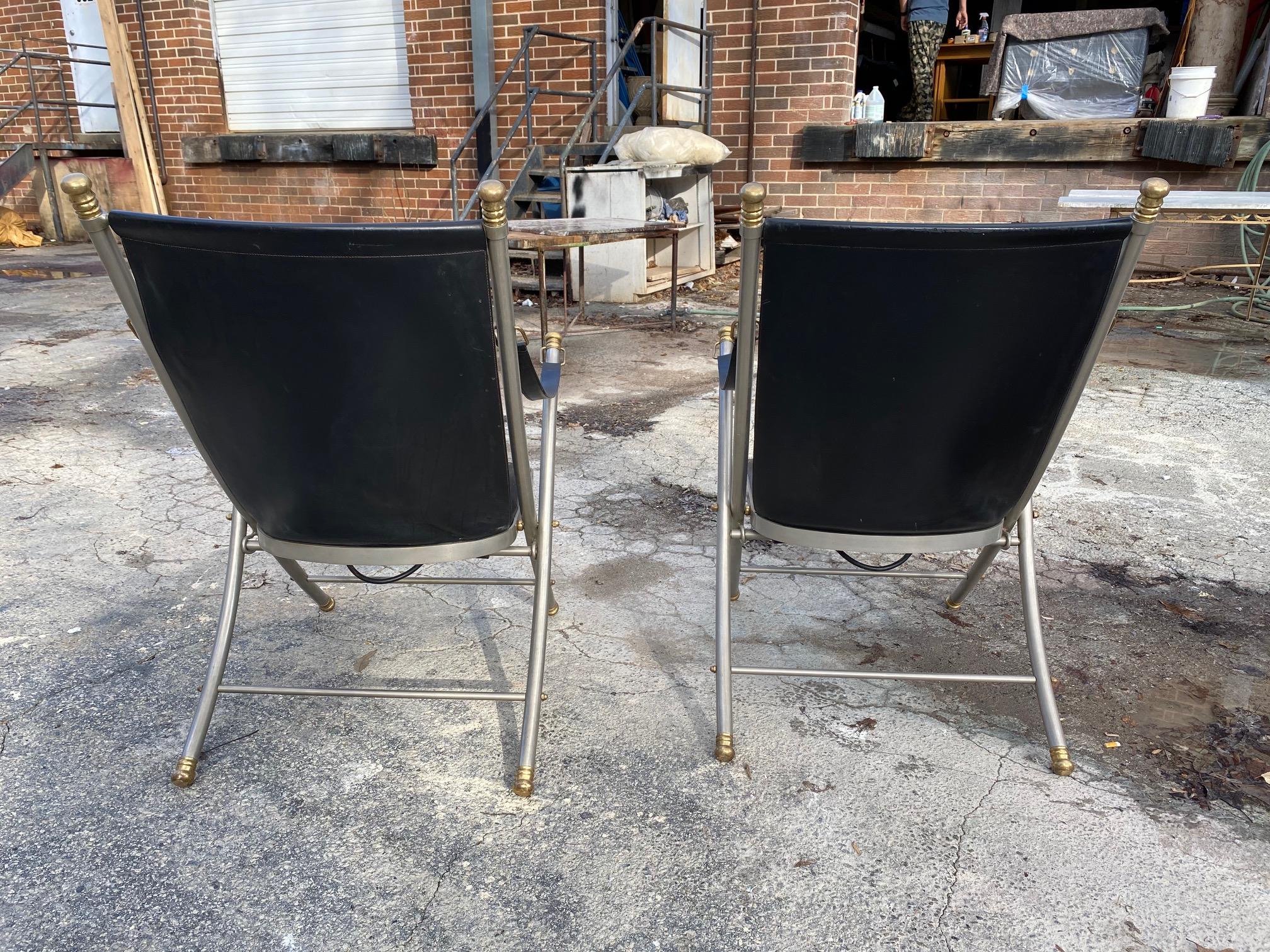 Pair of Maison Jansen Style Midcentury Steel and Brass Chairs In Good Condition In Dallas, TX
