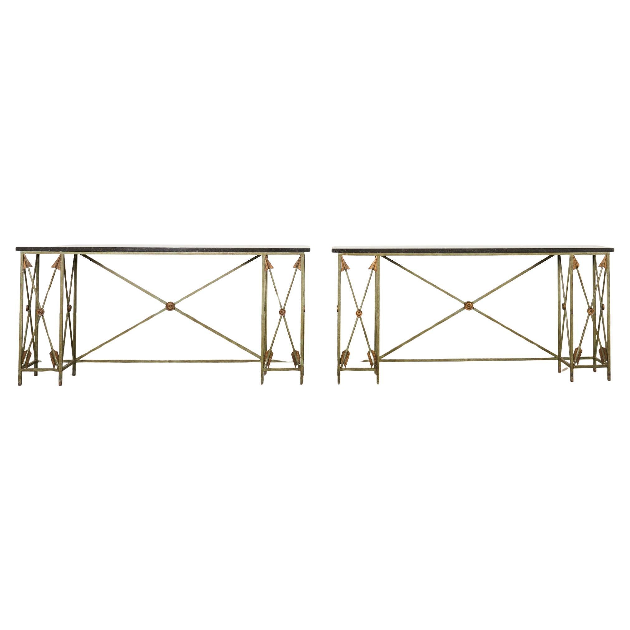 Pair of Maison Jansen Style Neoclassical Iron Granite Consoles