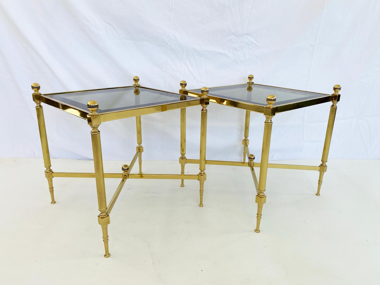 Pair of Maison Jansen Style Polished Brass End Tables with Original Glass Tops In Good Condition For Sale In West Palm Beach, FL