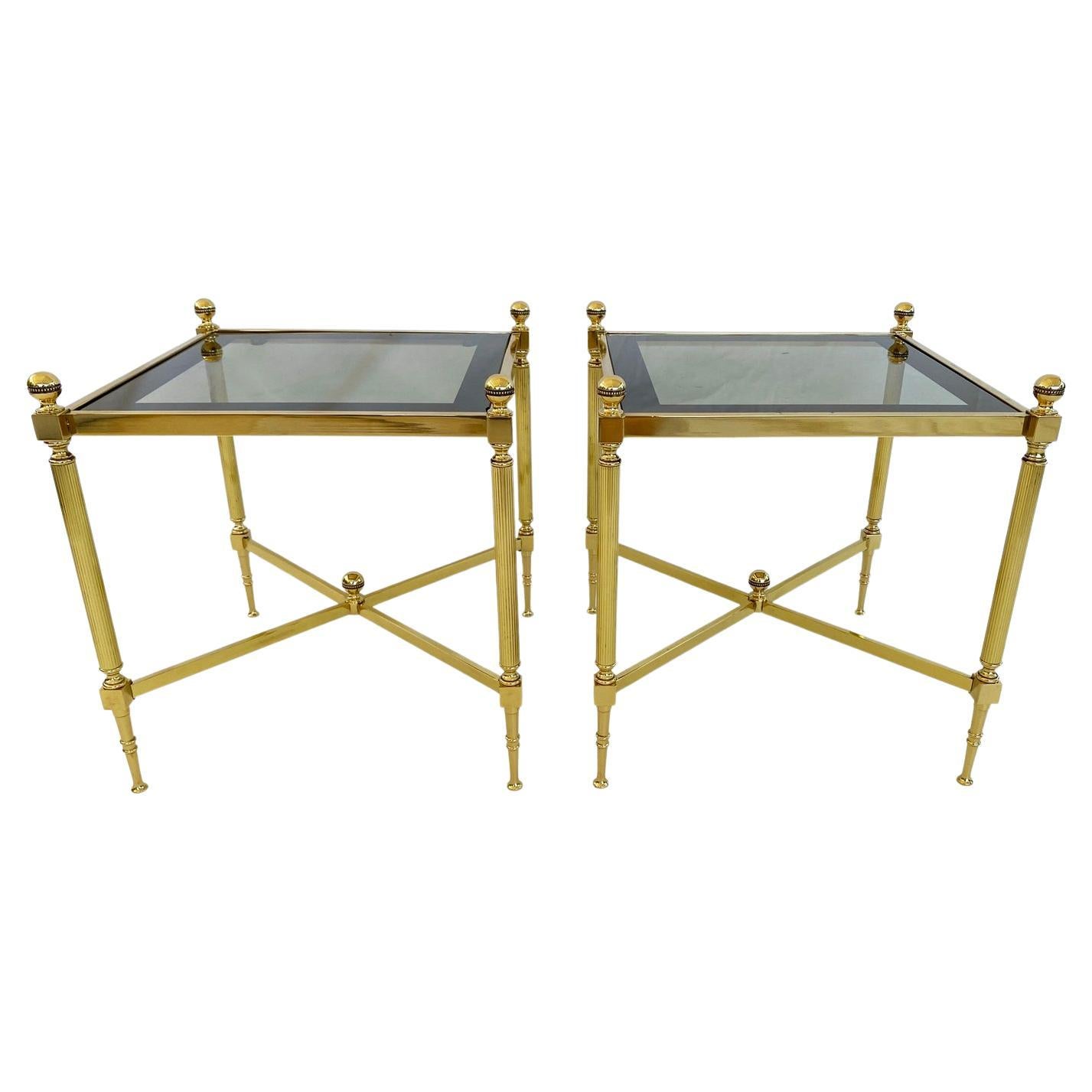 Pair of Maison Jansen Style Polished Brass End Tables with Original Glass Tops For Sale