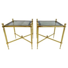 Retro Pair of Maison Jansen Style Polished Brass End Tables with Original Glass Tops