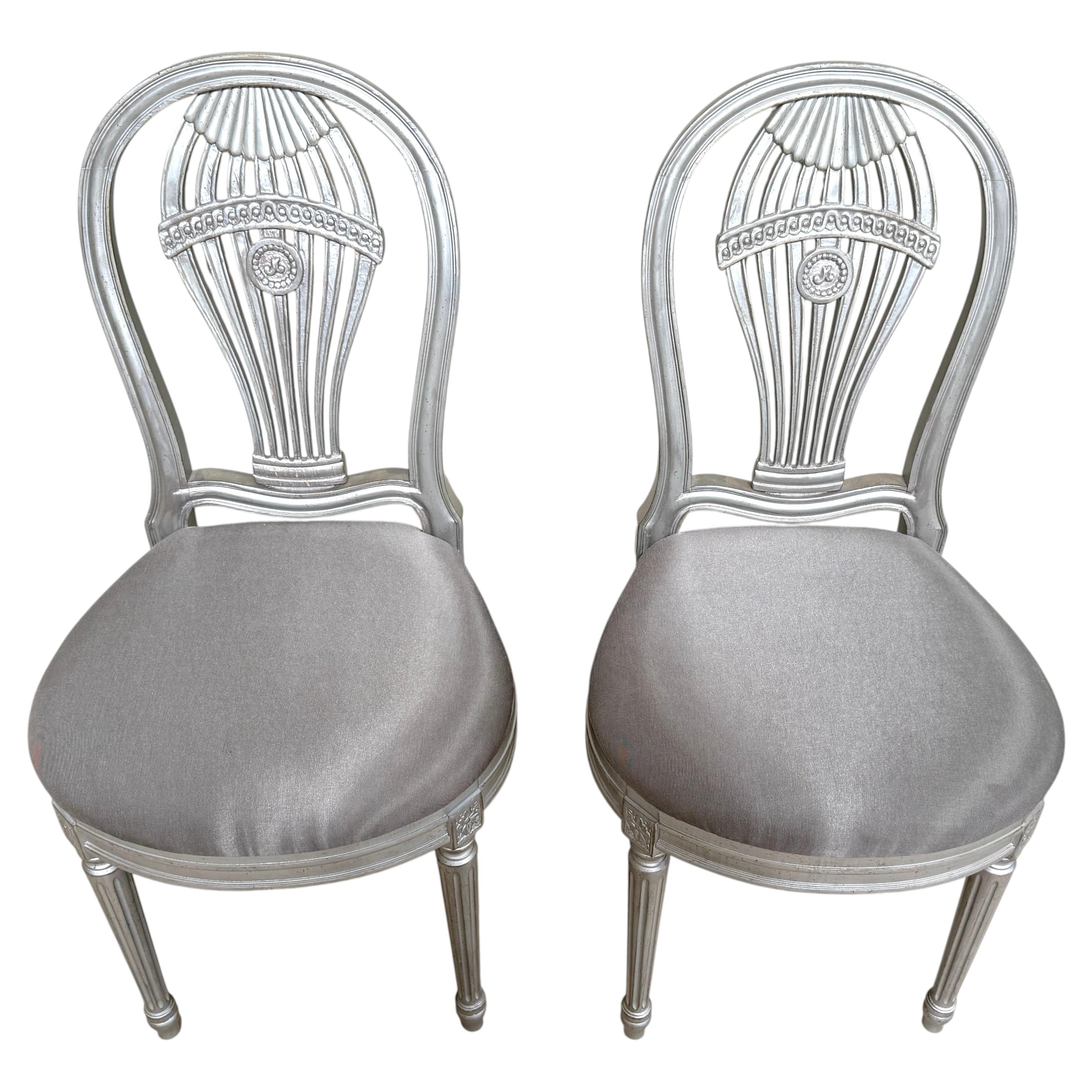 Pair of Maison Jansen Style Silver Leaf Montgolfier Side Chairs, France, C. 1960