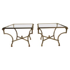 Pair of Maison Jansen Style Steel and Brass Italian Side Tables