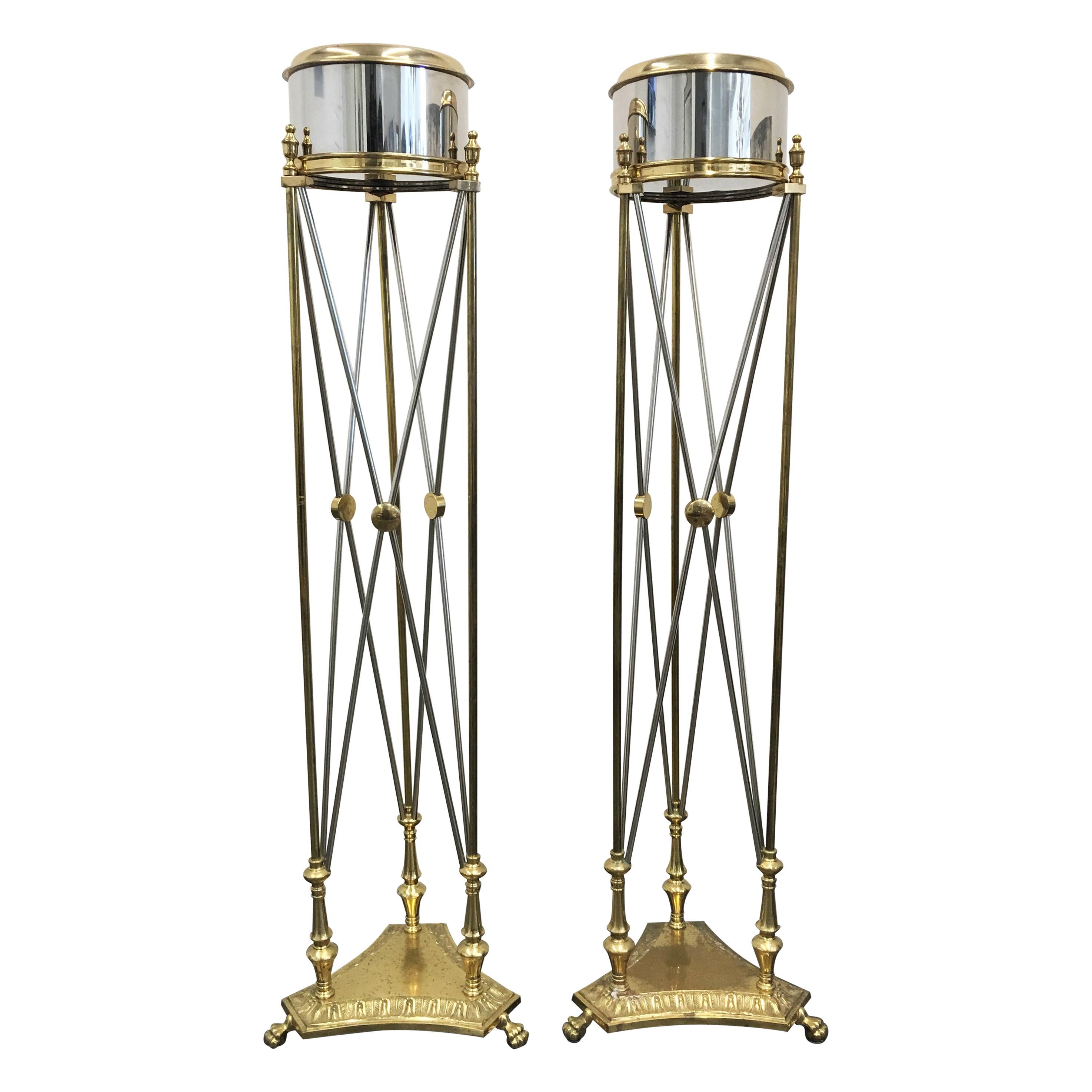 Pair of Maison Jansen Style Steel and Brass Jardinière / Planter Stands