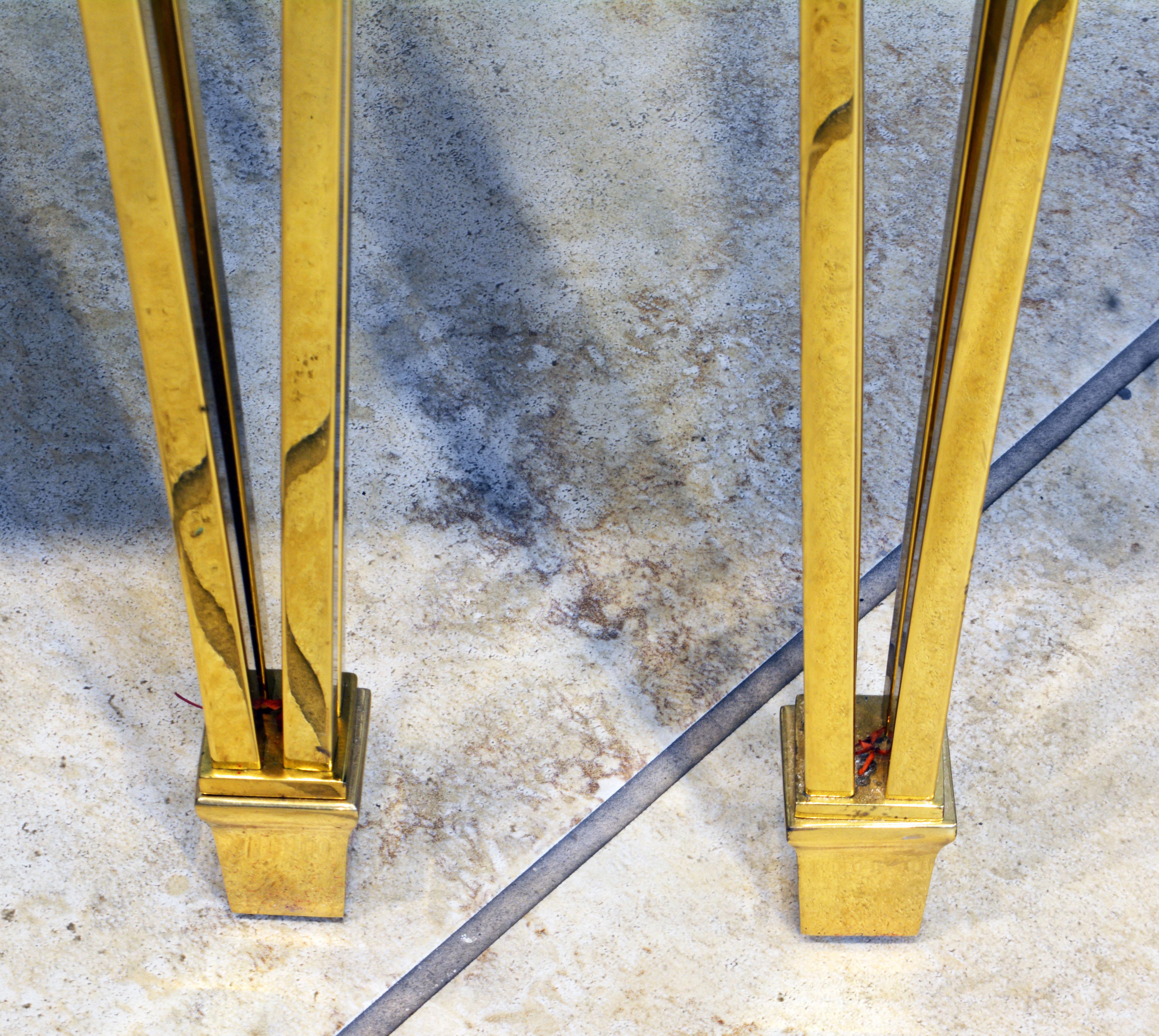 Pair of Maison Jansen Style Two-Tier Brass, Steel and Glass End Tables 3