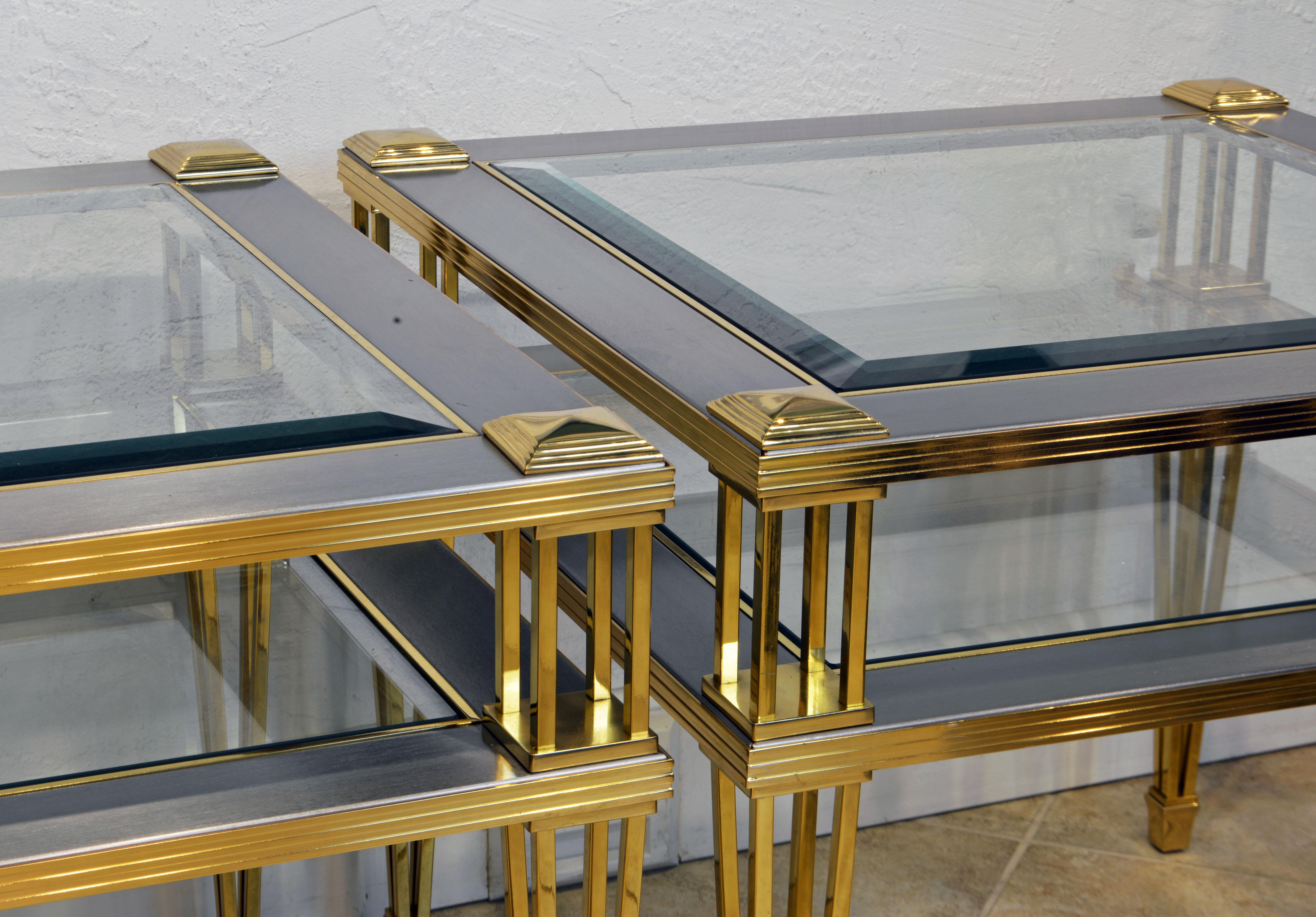 Pair of Maison Jansen Style Two-Tier Brass, Steel and Glass End Tables 6
