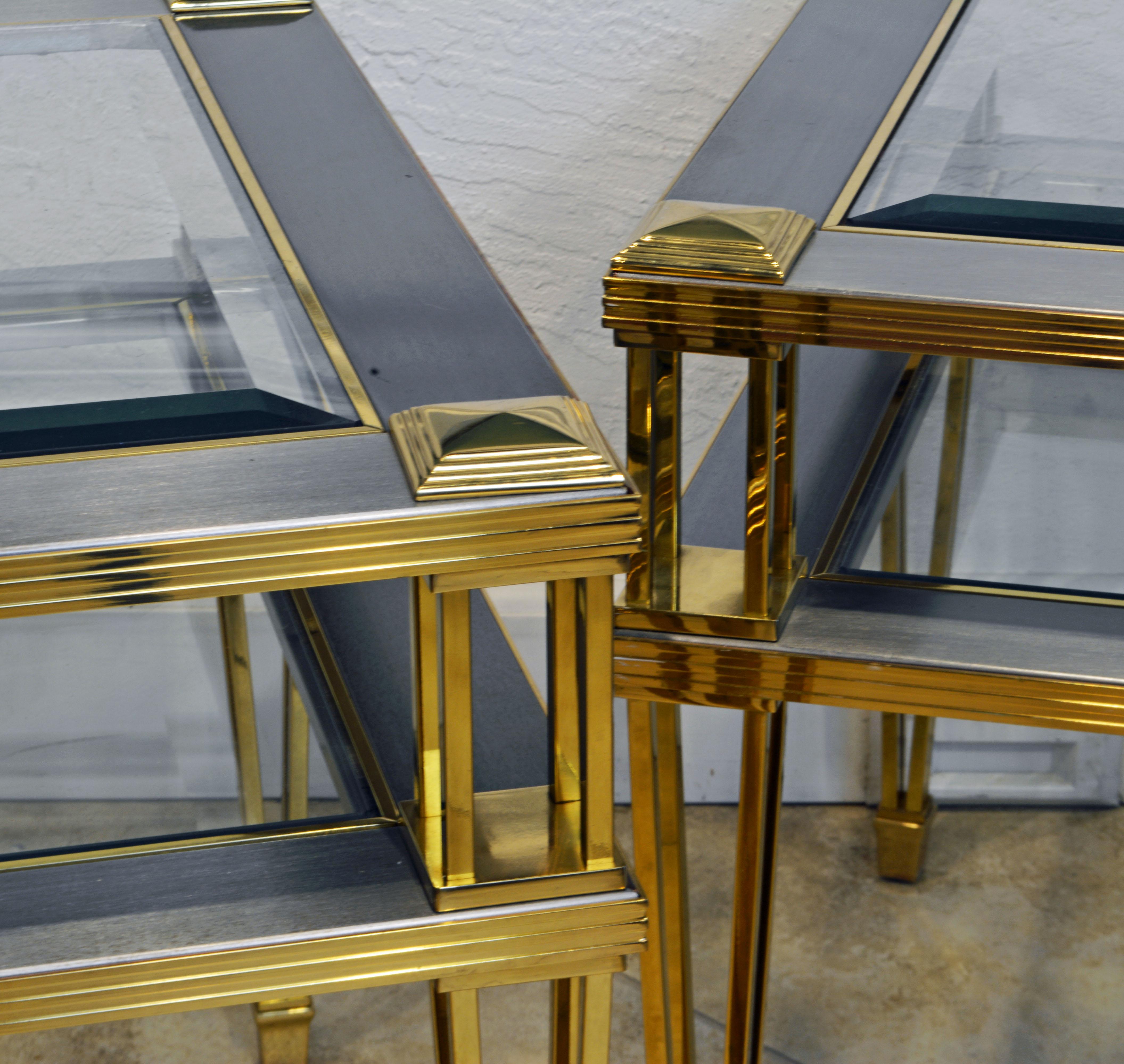 Hollywood Regency Pair of Maison Jansen Style Two-Tier Brass, Steel and Glass End Tables