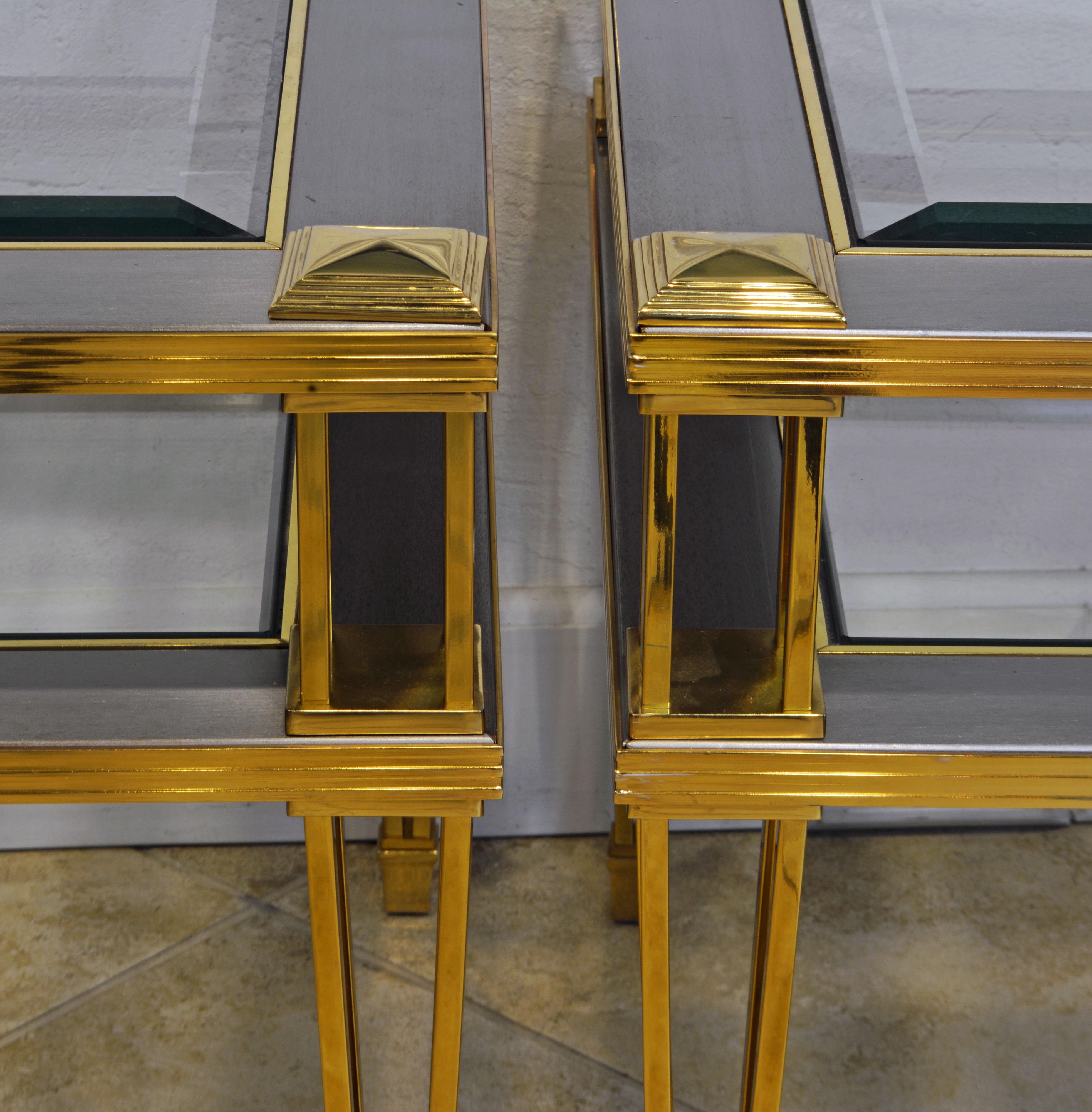 American Pair of Maison Jansen Style Two-Tier Brass, Steel and Glass End Tables