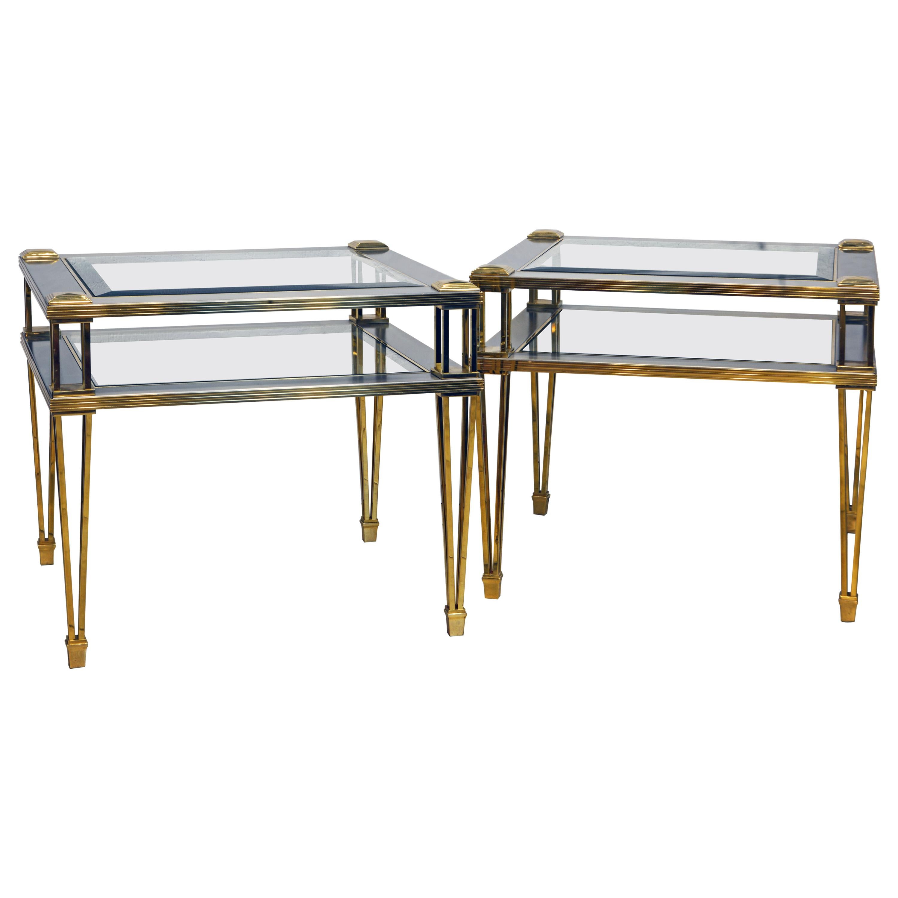 Pair of Maison Jansen Style Two-Tier Brass, Steel and Glass End Tables