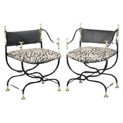 Used Pair of Maison Jansen Style Wrought Iron and Brass Savonarolla Armchairs