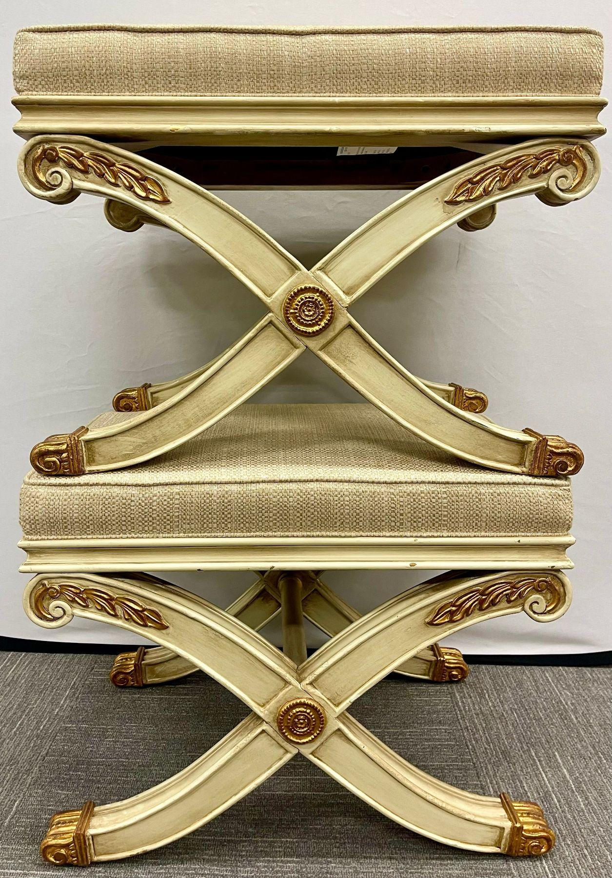 Pair of Maison Jansen Style X-Form Benches or Footstools Ivory and Parcel Gilt For Sale 3