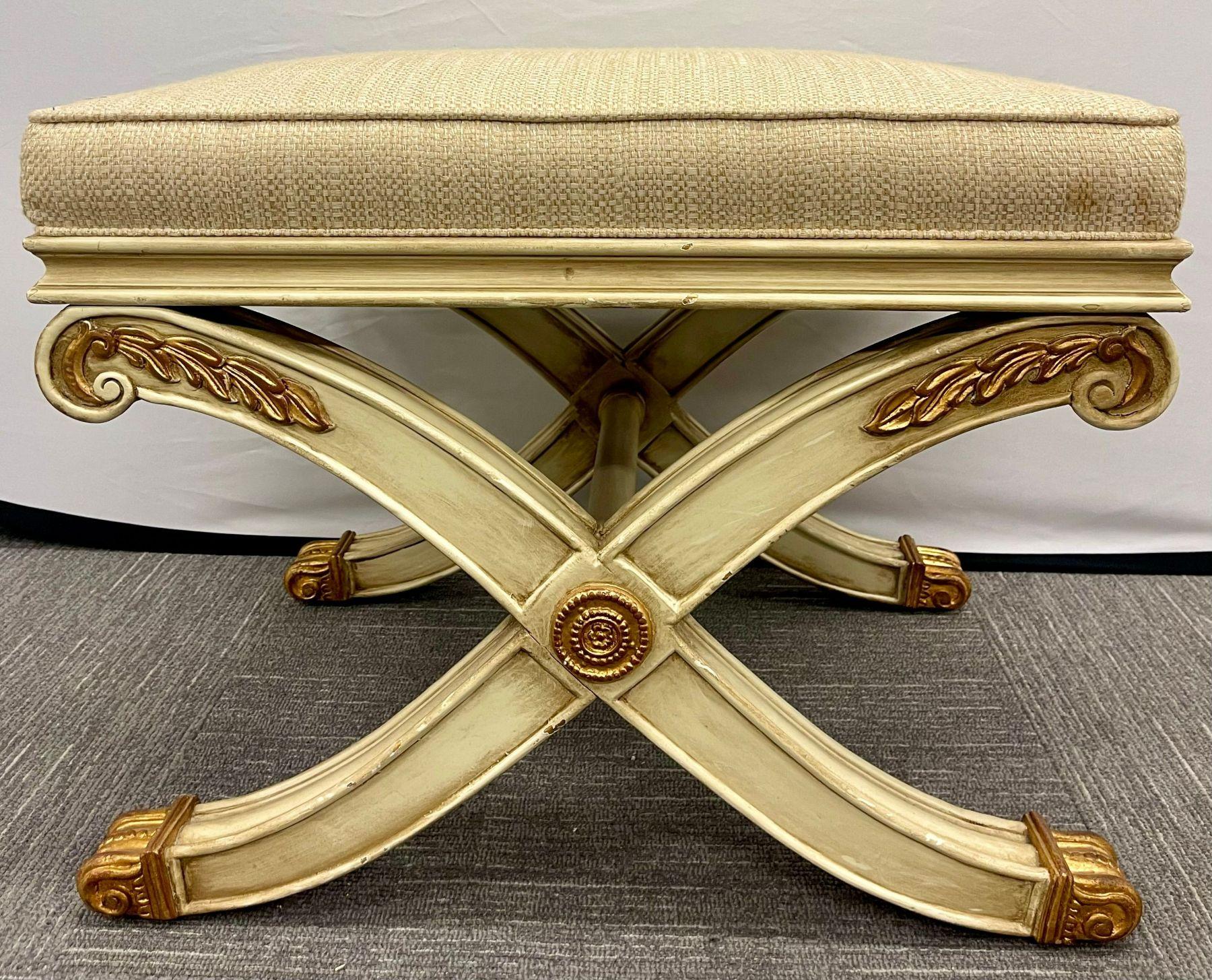 Hollywood Regency Pair of Maison Jansen Style X-Form Benches or Footstools Ivory and Parcel Gilt For Sale